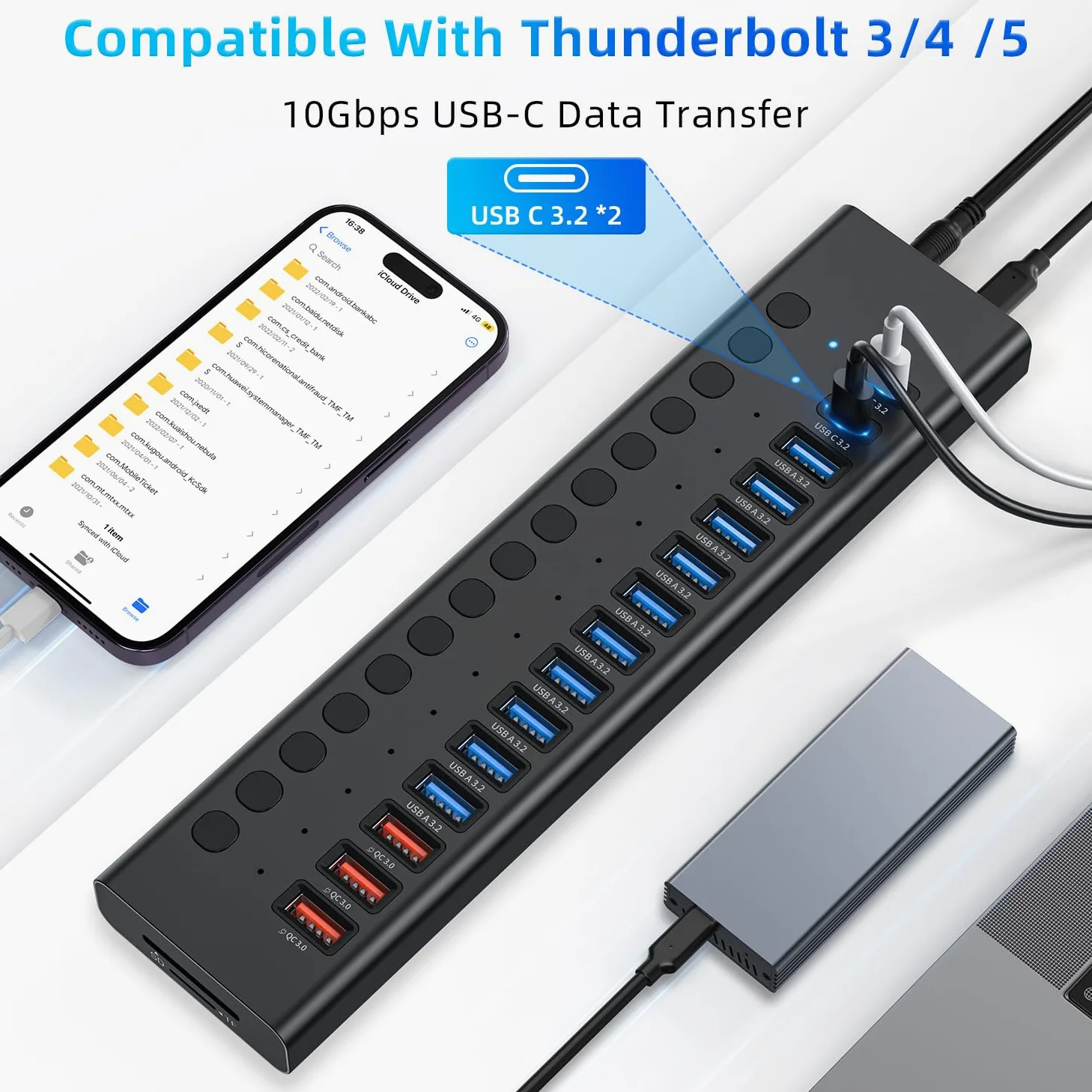 OLKIEQZ Powered USB Hub, VANGREE 17-Port USB Splitter (7 USB 3.0 Ports+3 2.4A Charging Ports+3 USB 2.0 Ports+2 USB-C 3.0 Ports+SD/TF