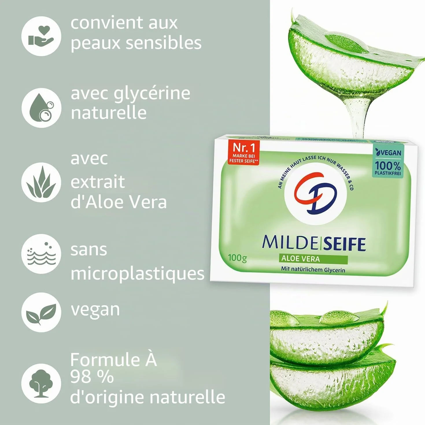Savon doux à l'aloe vera 100 g végétalien sans microplastique