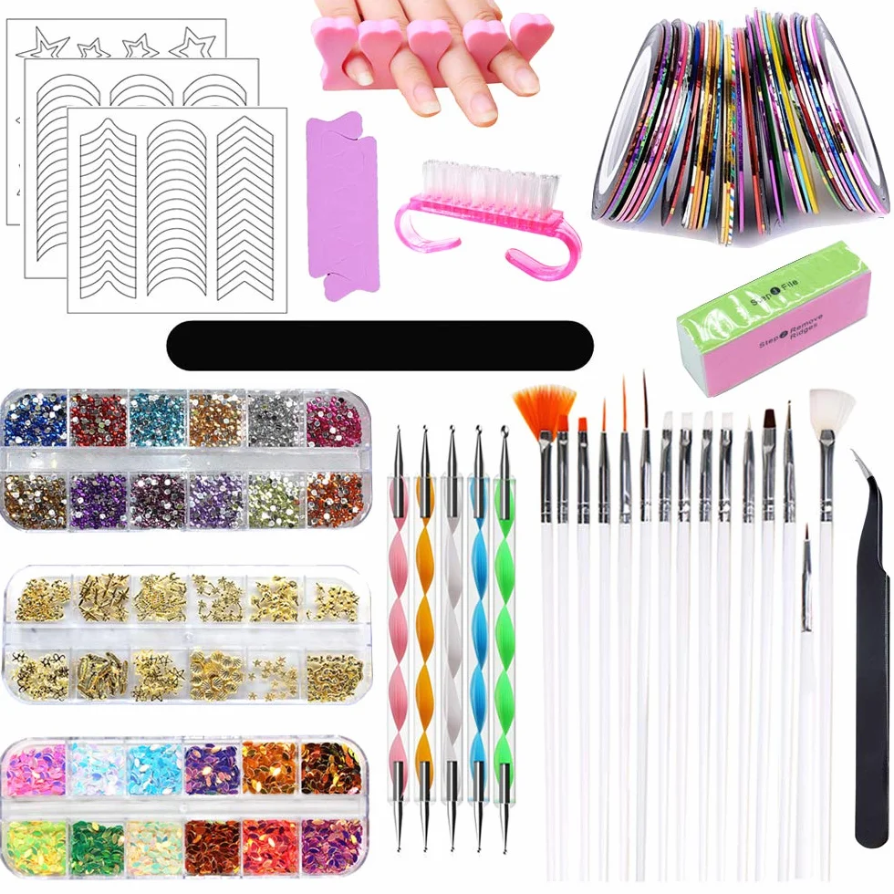 Kit de Nail Art 83 Pièces avec Brosse Stylos Dotting et Striping Tape