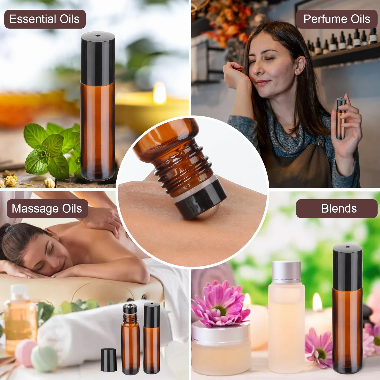Flacon Roll On Vide en Verre 10ml 4Pcs avec Billes en Acier Inoxydable pour Huiles Essentielles et Parfums