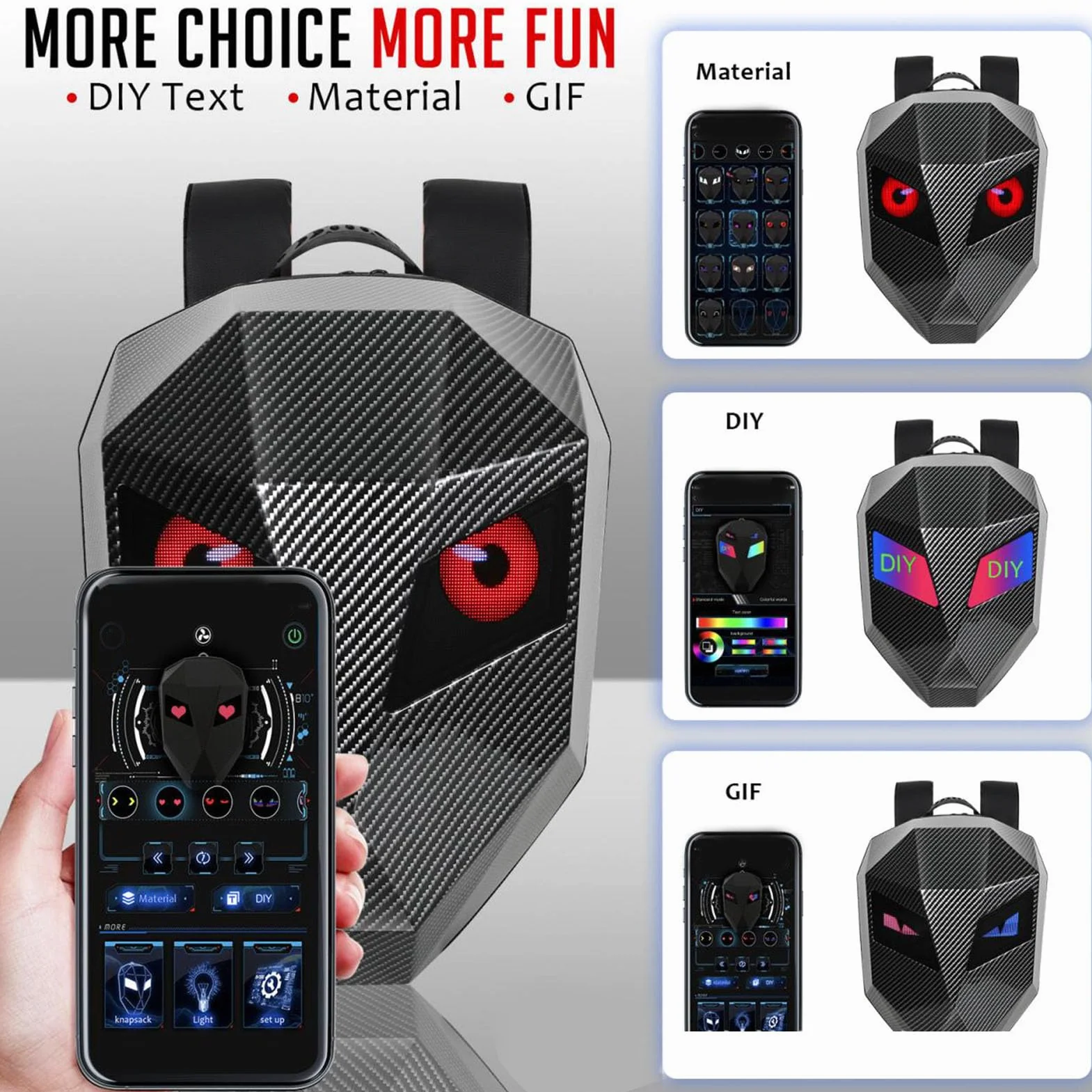 Jectse Sac à Dos LED, Sac à Dos Numérique Programmable de Grande capacité, Matériau étanche 3D, Personnalisation, pour Voyage, Moto, avec Port USB et Contrôle par Application