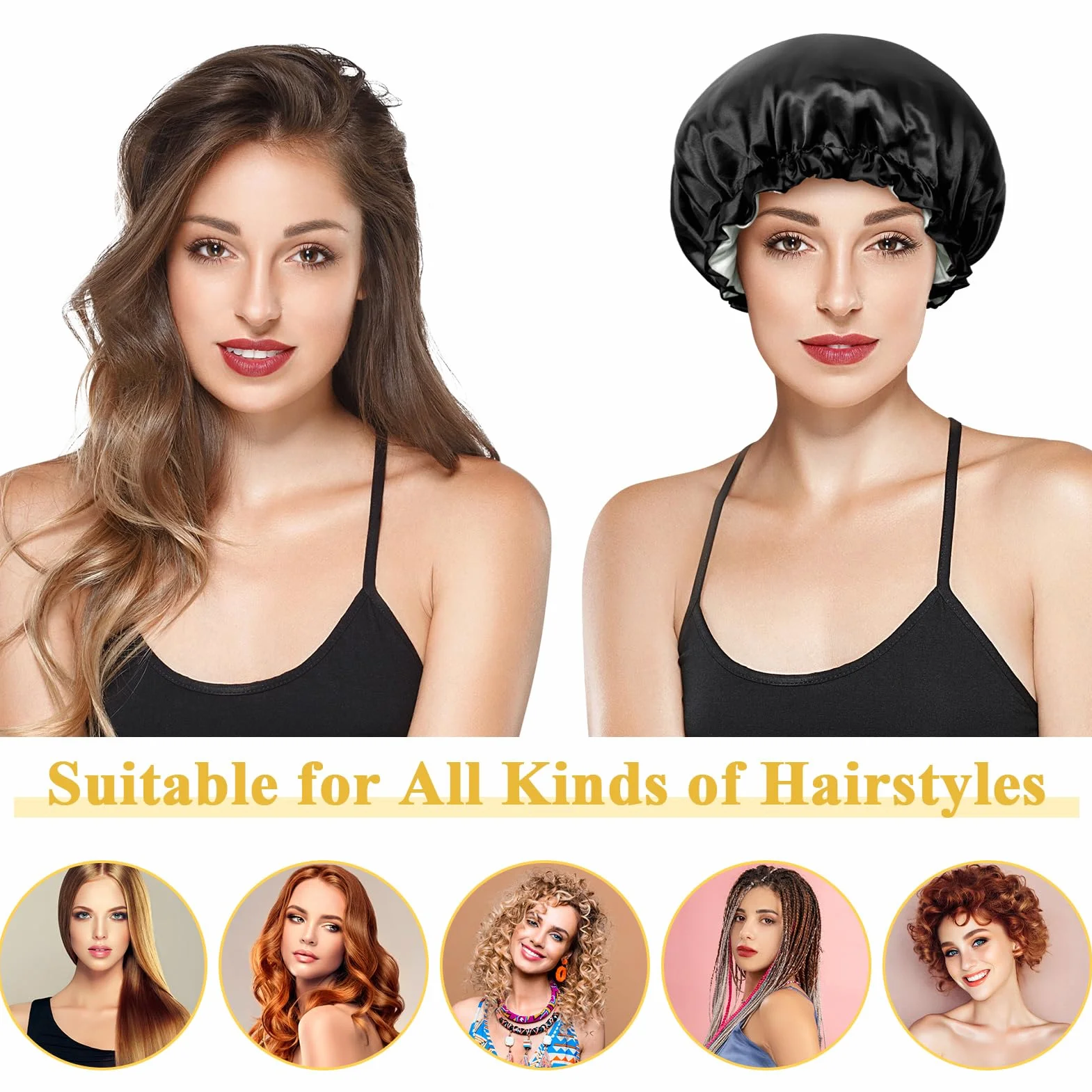 Lot de 2 bonnets de nuit en satin double couche pour cheveux bouclés