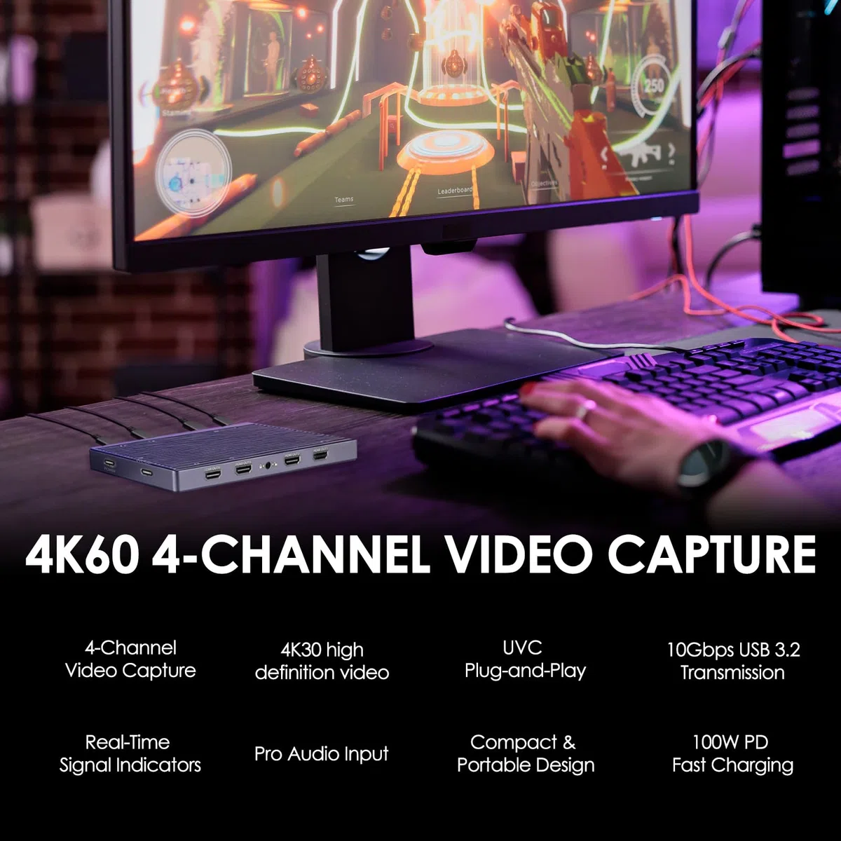 CineTreak CT-4 Carte de capture vidéo 4K - 4 entrées HDMI, UVC Plug-and-Play, capture simultanée à 4 canaux, USB 3.2 10 Gbit/s, entrée audio professionnelle, charge PD 100 W, pour streaming, jeux