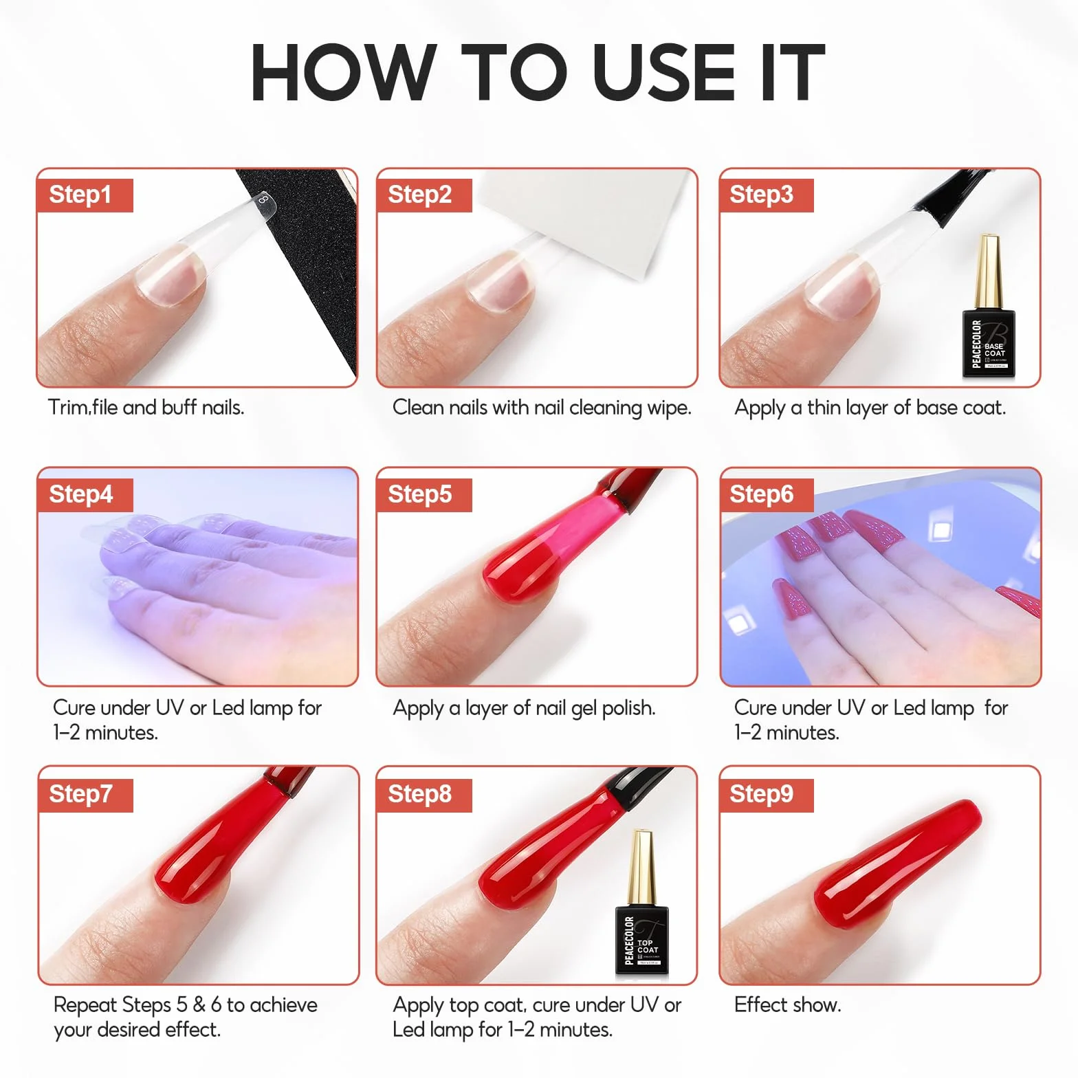 PEACECOLOR 15ML Base et Top Coat Vernis Semi Permanent UV/LED Gel Soak-Off pour Manucure DIY