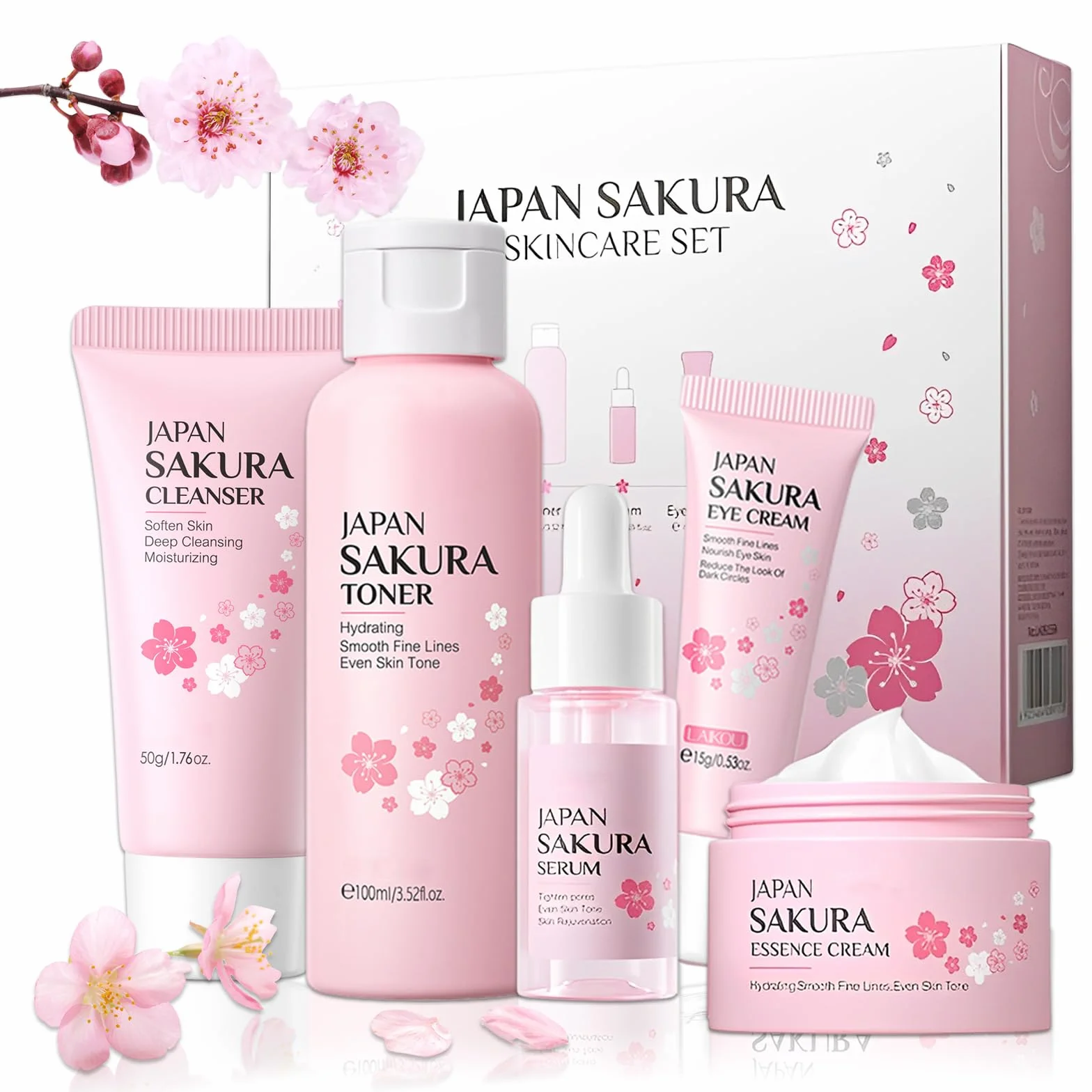 Sakura Ensemble de Soins du Visage 5 Pièces, Nettoyant, Toner, Contour Yeux, Sérum, Crème