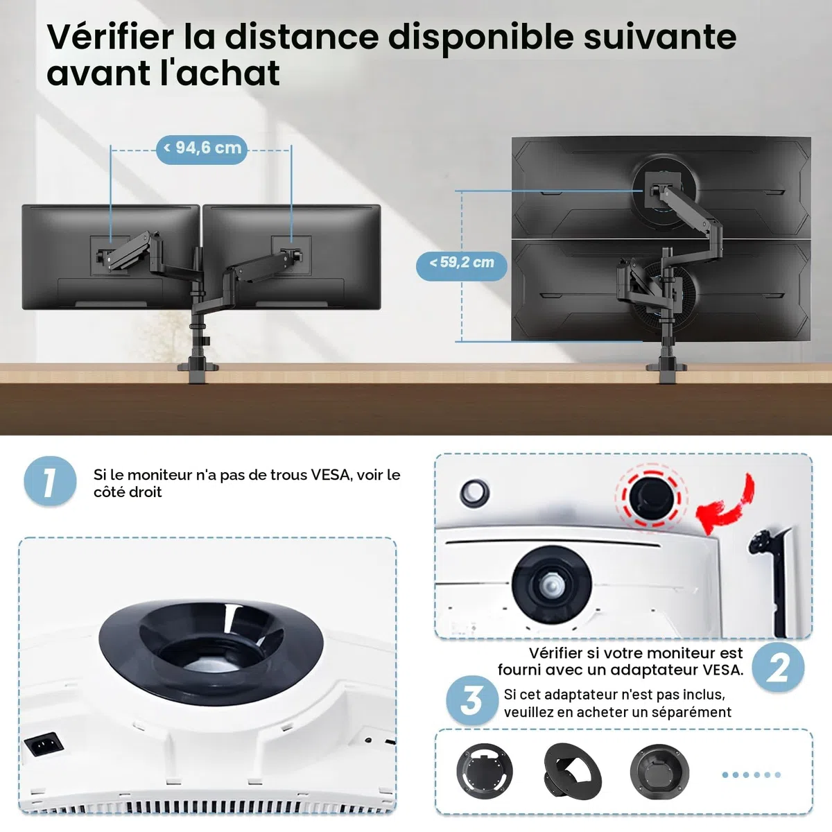 PUTORSEN Support Écran PC 2 Écran pour 17 à 49 Pouces, Ressort à Gaz Réglable en Hauteur Bras Double avec Incline Pivote et Tourne, Capacité de Charge 2-20kg, VESA 75 et 100mm