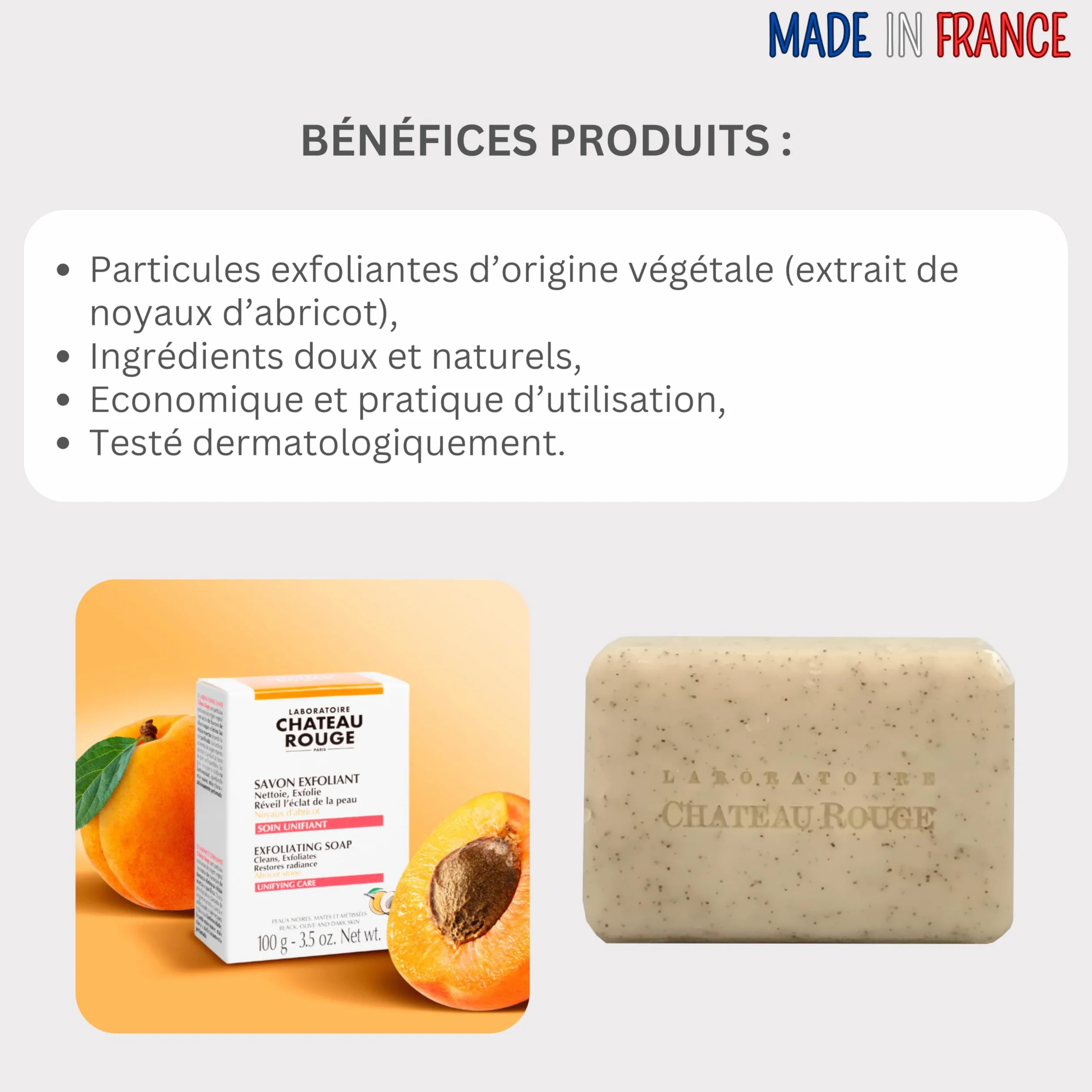 LABORATOIRE CHÂTEAU ROUGE Savon Exfoliant Noyaux d'Abricot 100g Peau Lisse Visage Corps