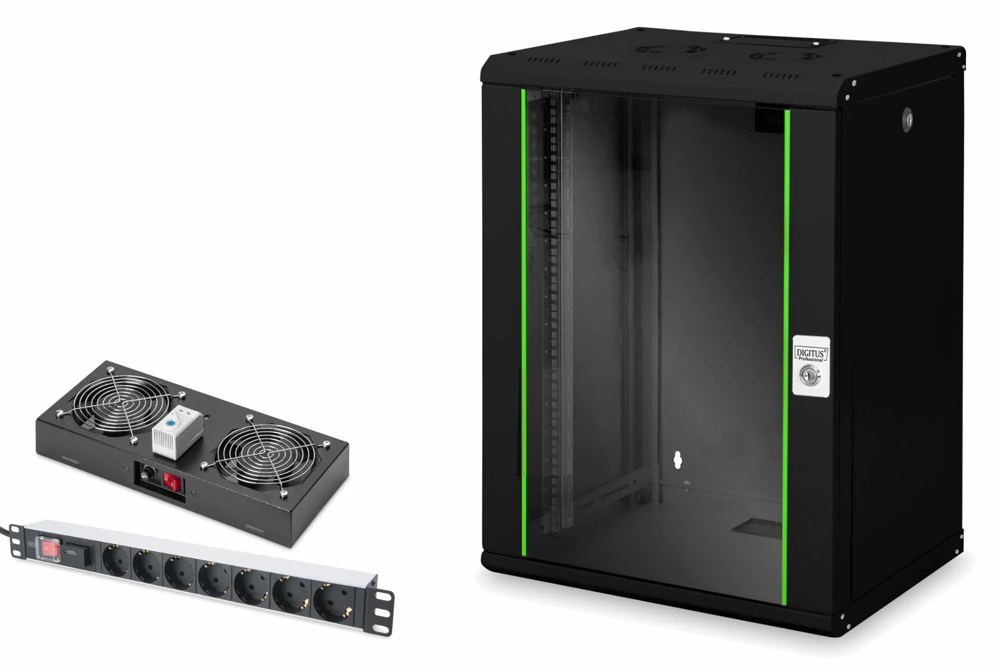 DIGITUS Set: Armoire réseau 19" 16U + Ventilateur de Toit + Bloc multiprise 7 Ports // Rack 19 Pouces - Montage Mural - 450mm de Profondeur - Charge 100kg - Profondeur utile 305-370 mm - Noir