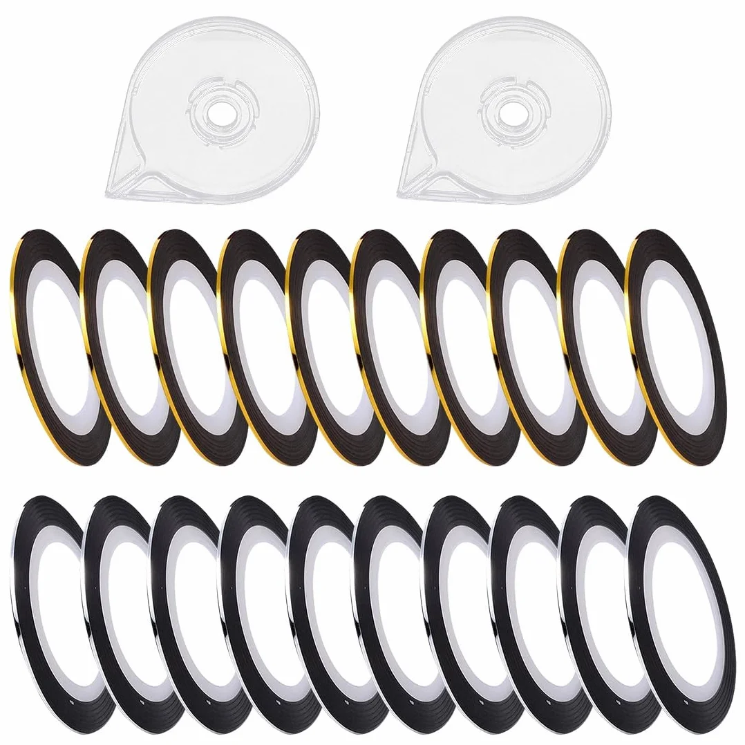 Kit 22 Pièces Ruban Décoration 1mm x 20m Or Argent Autocollants Nail Art Manucure DIY Salon