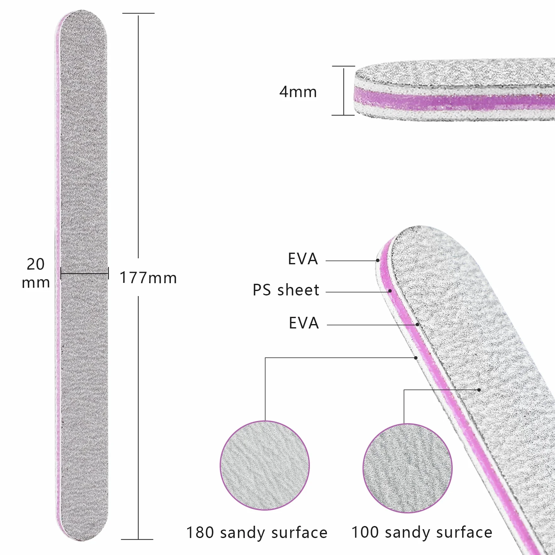 Limes à Ongles Professionnelles Double Face 100/180 Grain, AYITOO, Pour Manucure Nail Art, Forme Straight Gris Violet