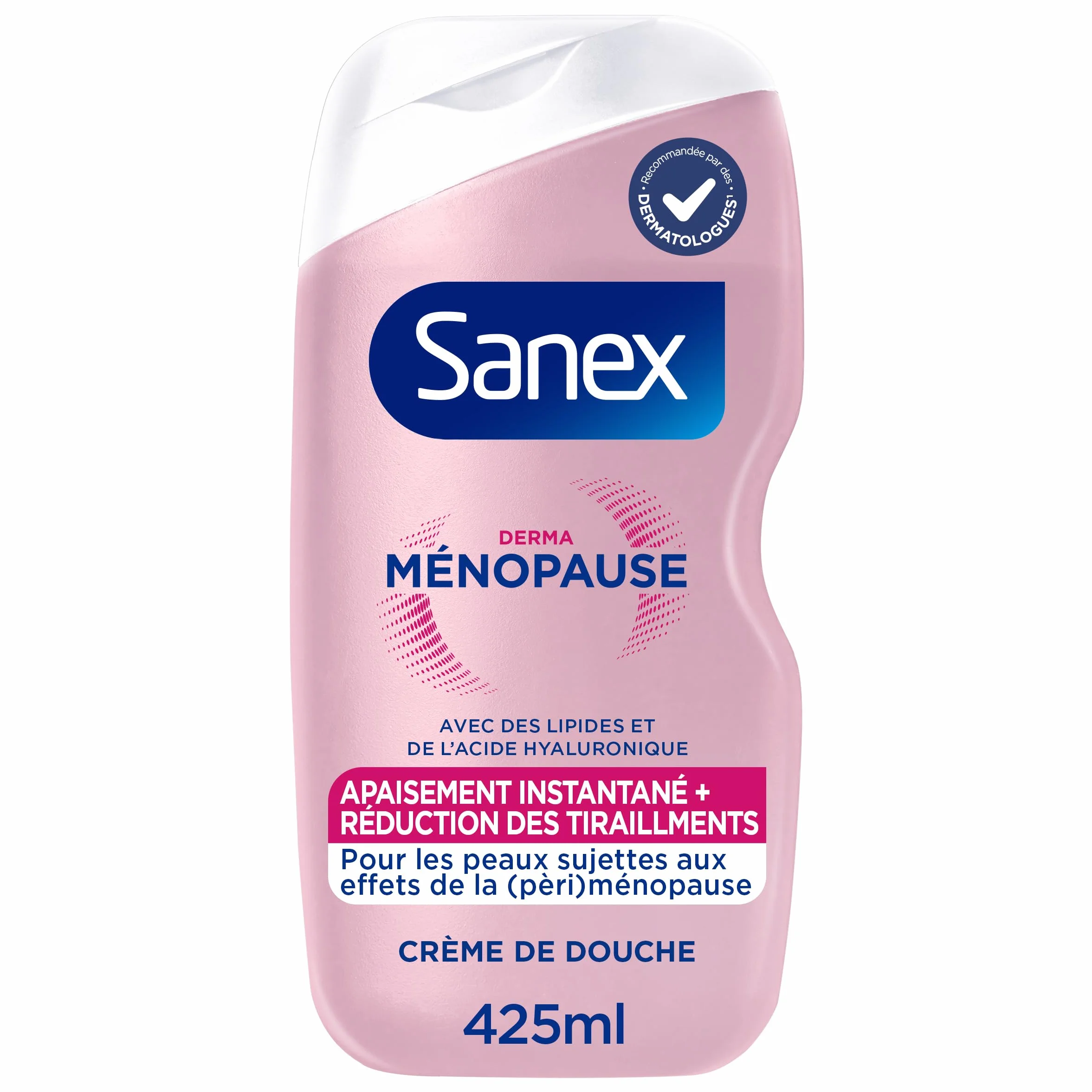 SANEX Crème de Douche Derma Ménopause Gel Douche Peaux Périménopause Ménopause Hydratation 24h Réduction Tiraillements Lipides Acide Hyaluronique 425ml