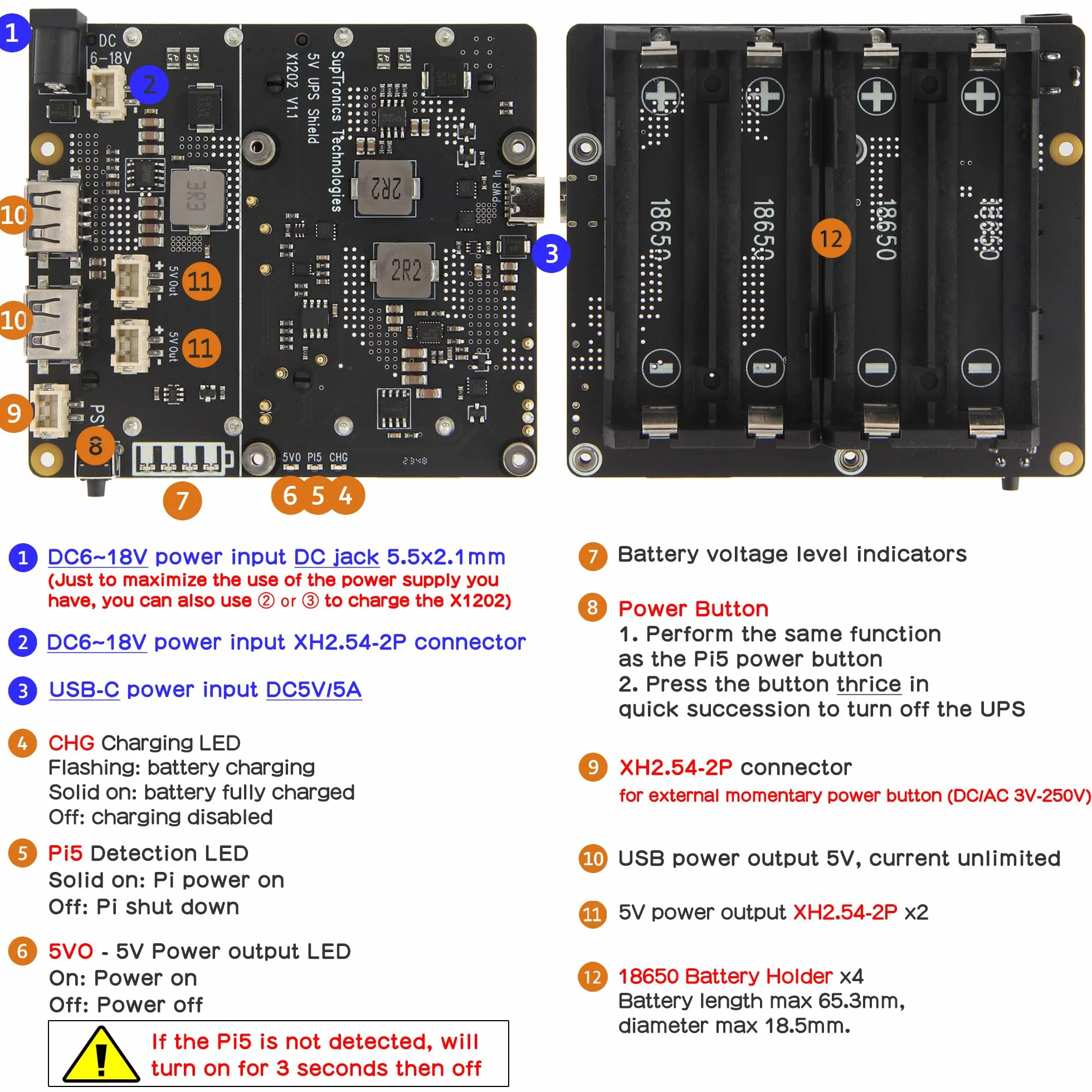 Geekworm Raspberry Pi 5 UPS X1202, 4-Cell 18650 UPS 5.1V 5A Output, 6-18V Input