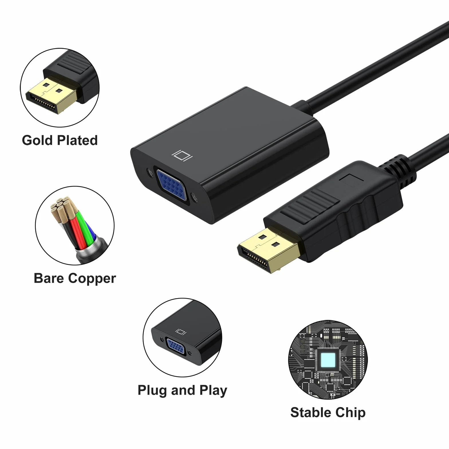 Adaptateur DisplayPort vers VGA 1080P Mâle vers Femelle Compatible Lenovo Dell HP ASUS Noir