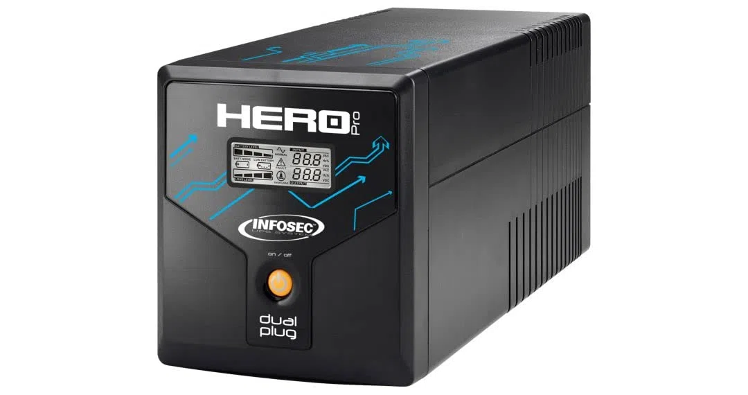 Onduleur Hero Pro Dual Plug 1200 - Infosec - UPS Poêle, PC, écran, TV, 2 Prise FR/Schuko 2 Prises IEC, ASI 1200VA/700W