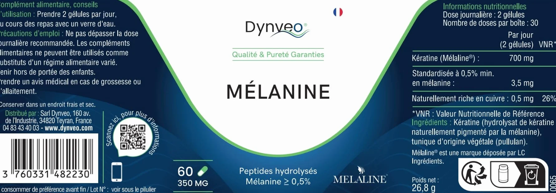 Dynveo Mélanine 350 mg 60 gélules Préparateur solaire Accélérateur de Bronzage Extrait breveté Mélaline® Biodisponibilité 96%