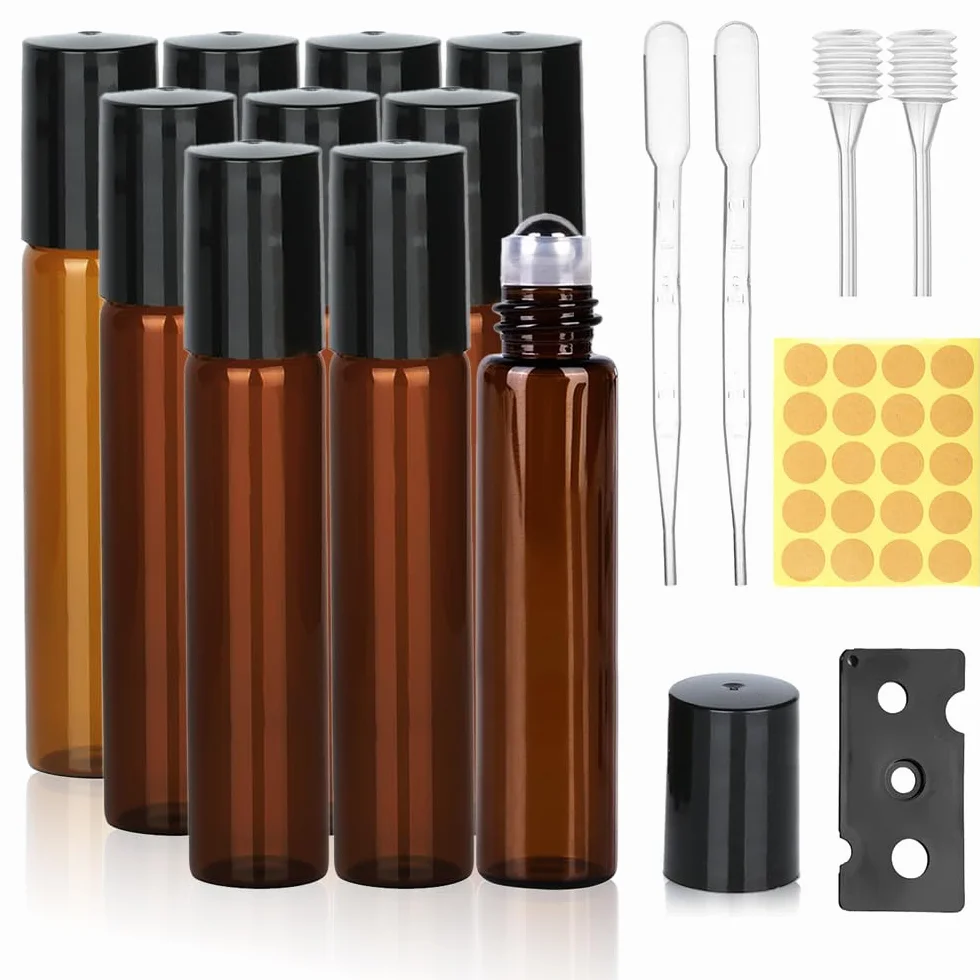 Lot de 10 bouteilles d'huile essentielles à rouler vides 10 ml avec bille en acier inoxydable