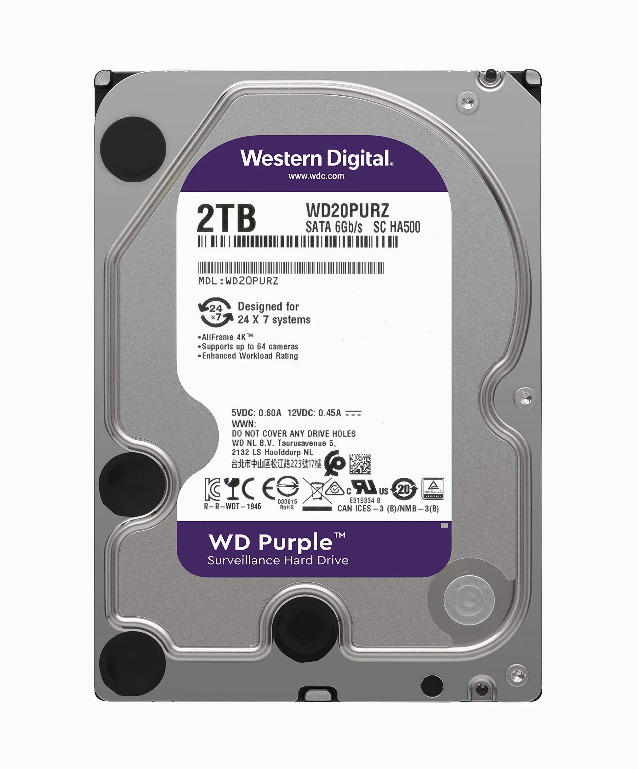 Western Digital - WD Purple 2To - Disque dur interne pour la vidéo surveillance avec technologie Allframe 4K™ - 3.5" SATA 6 Go/s, 180To/an, 64Mo Cache, 5400rpm - WD20PURZ
