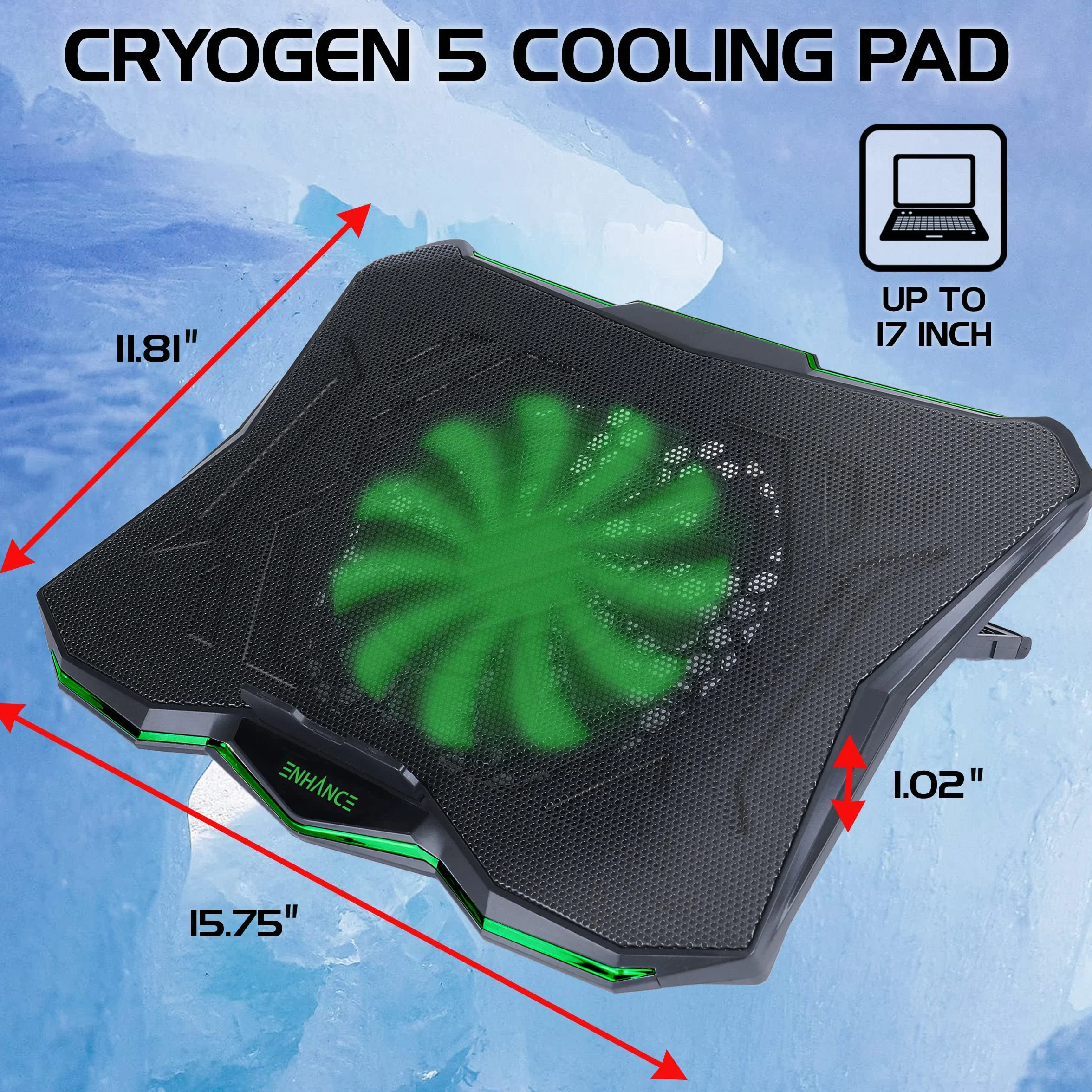 ENHANCE Support Refroidisseur PC Portable Plaque de Refroidissement 1 Ventilateur LED Vert 2 Ports USB Compatible Ordinateur Portable Notebook 17 Pouces 40 x 30.4 cm