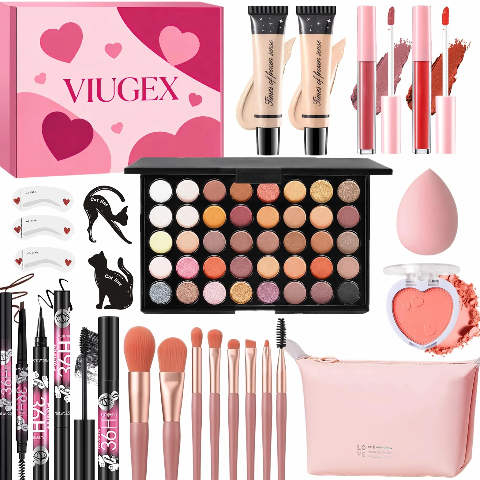 Coffret Maquillage Femme Kit Complet Fond de Teint Fard à Paupières Blush Mascara Eyeliner