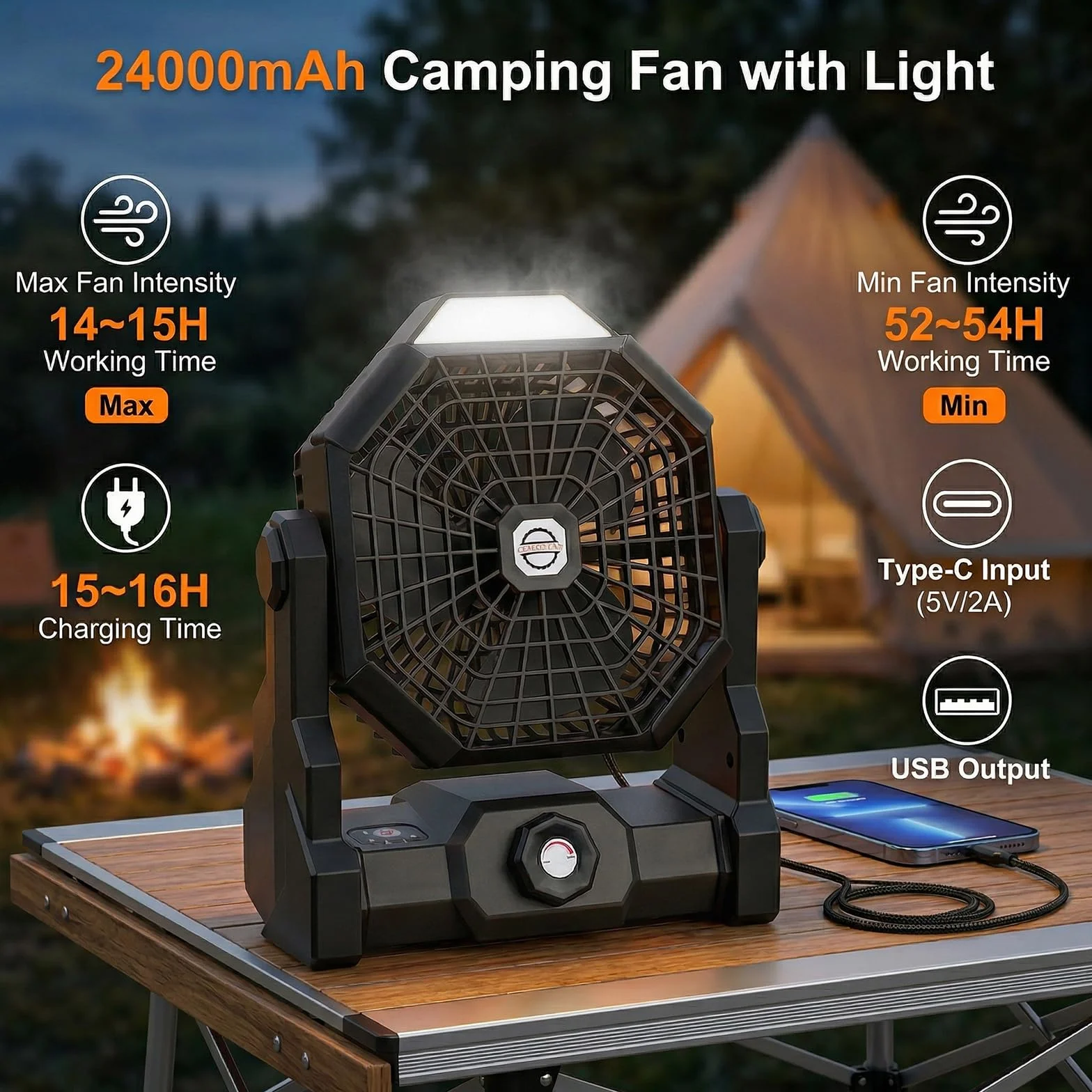 Qoosea Ventilateur de Camping Portable 24000mAh 3 en 1 avec Lumière LED 4 Vitesses