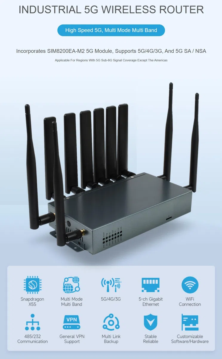 SIM8200EA-M2 Routeur industriel 5G sans fil CPE 5G/4G/3G Support Snapdragon X55 Multi Mode Multi Band Applicable pour les régions avec couverture de signal 5G Sub-6G sauf Amérique