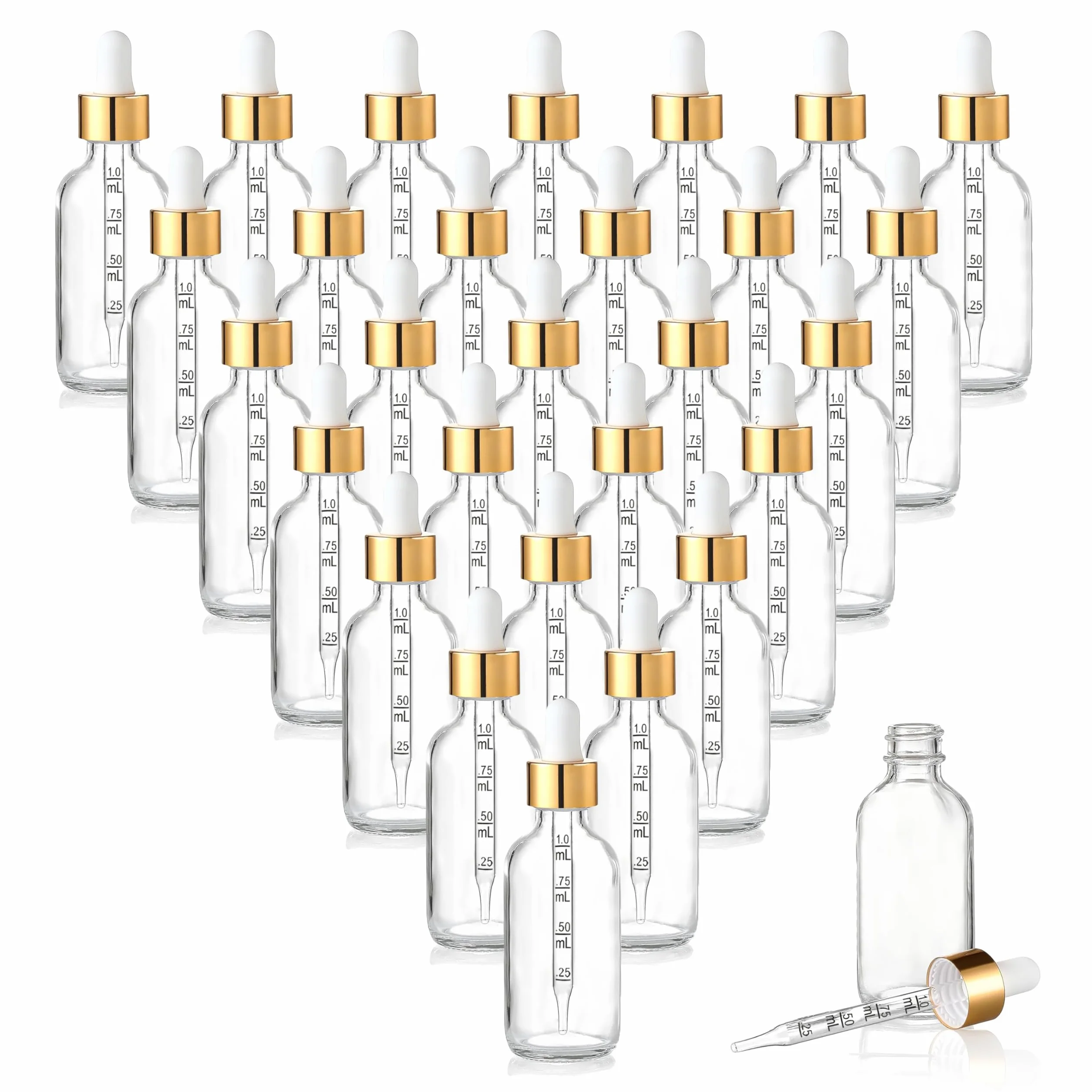 Flacons Compte-Gouttes en Verre Transparent 50 ml avec Pipette Doseuse, Lot de 20