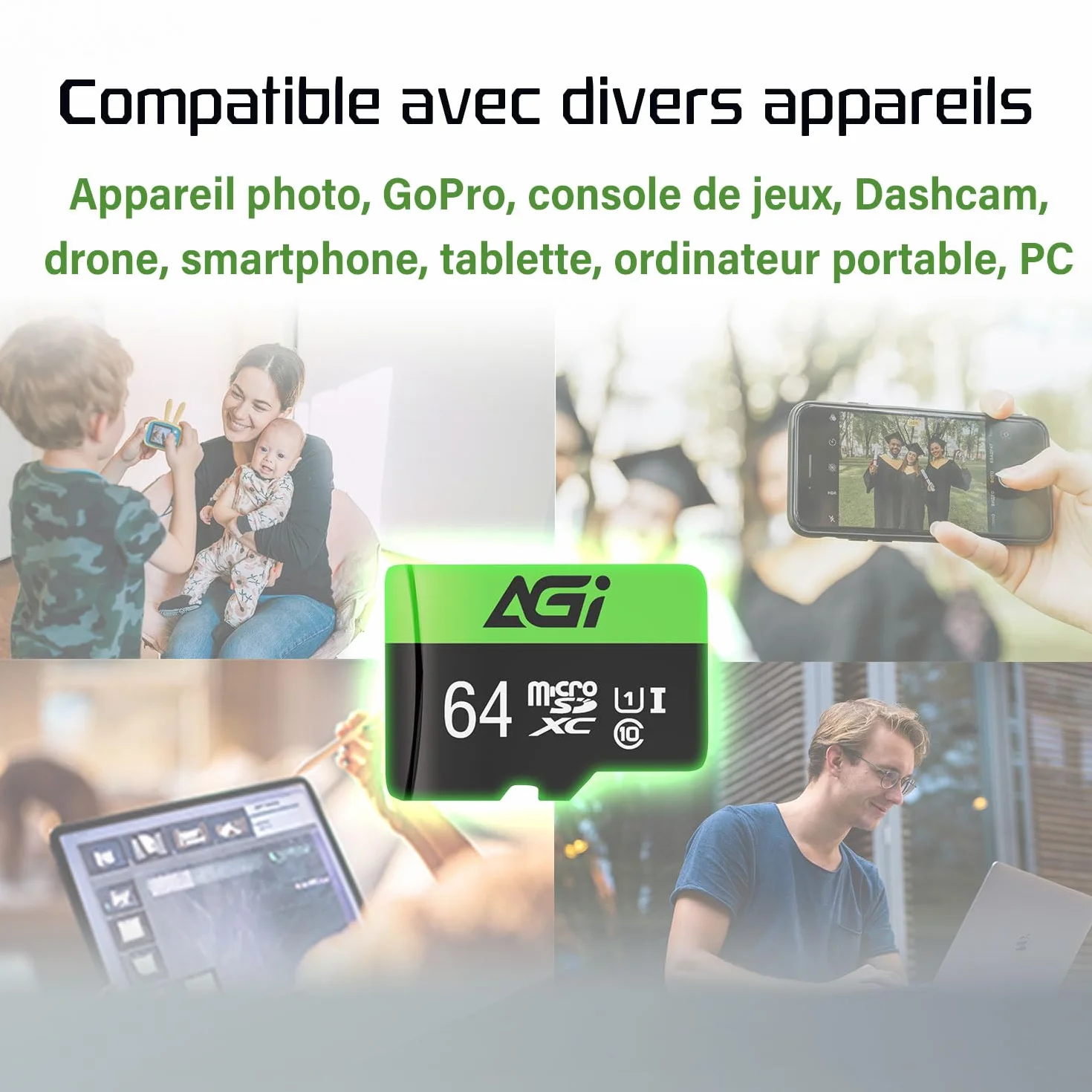 AGI TF138 Carte Micro SD MicroSDXC 64 Go avec Adaptateur SD Lecteur de Carte Type C USB 2.0 OTG