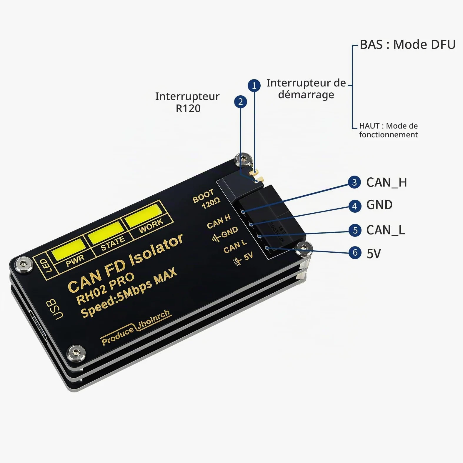Adaptateur convertisseur USB vers CAN‑FD à isolation jusqu'à 5 Mbps | Construit sur Canable 2.0,isolation du signal et de l’alimentation,circuits de protections multiples TVS/ESD/GDT intégrés