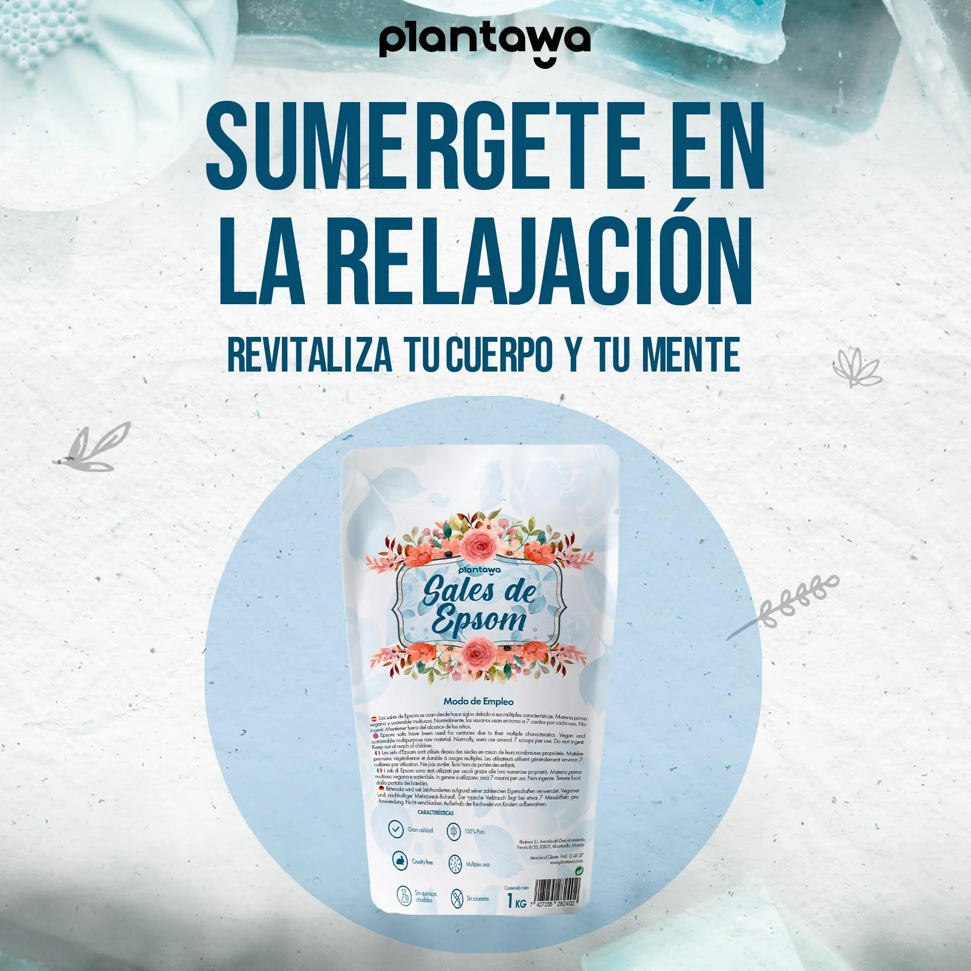 PLANTAWA Sel d'Epsom 1kg | Sulfate de Magnésium Pur, Bain Relaxant et Moussant, Bien-être et Sommeil Réparateur