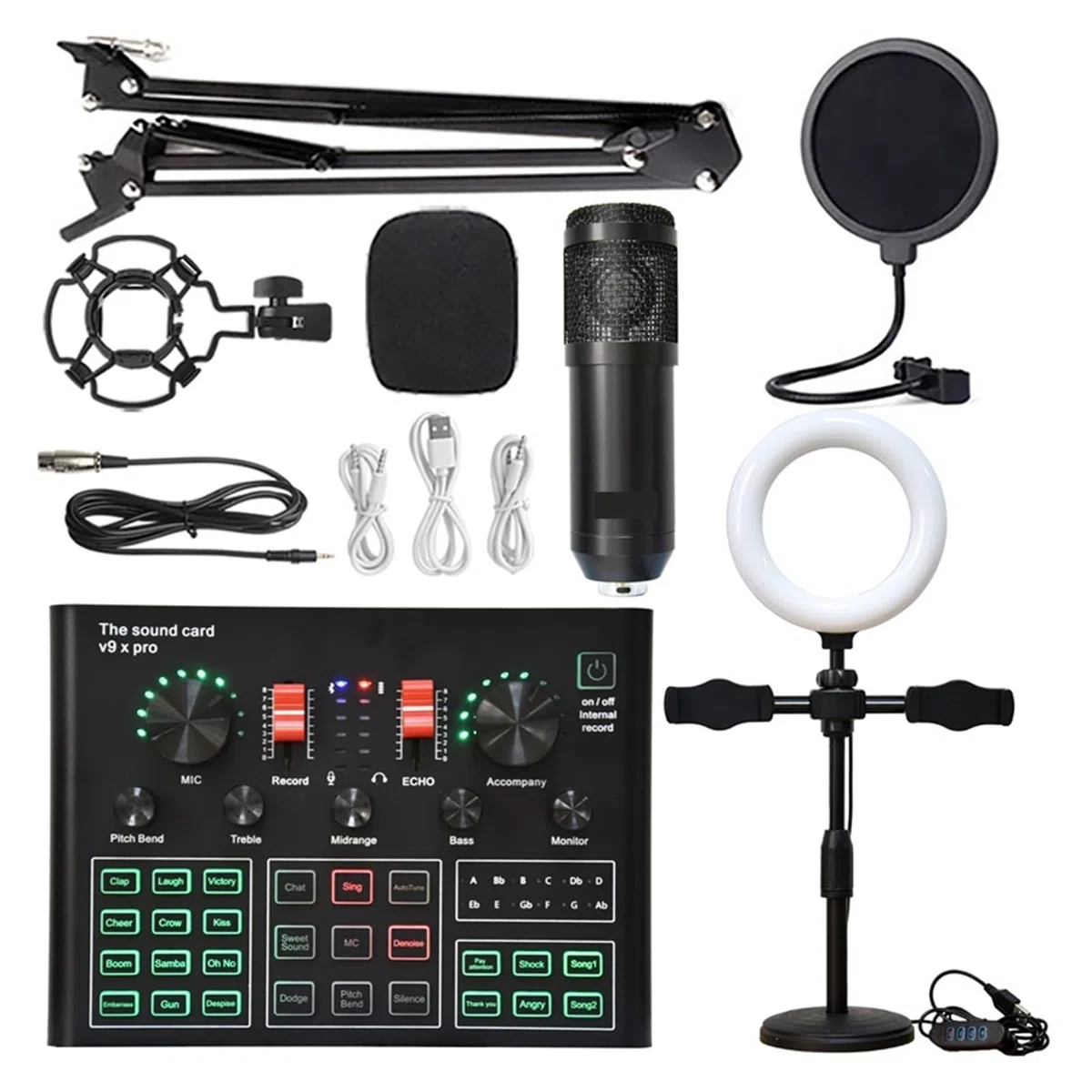 Kit de carte son professionnel à condensateur, micro, Bluetooth, sans fil, karaoké, carte son avec support en porte-à-faux, lumière de remplissage, configuration de studio pour l'enregistrement d