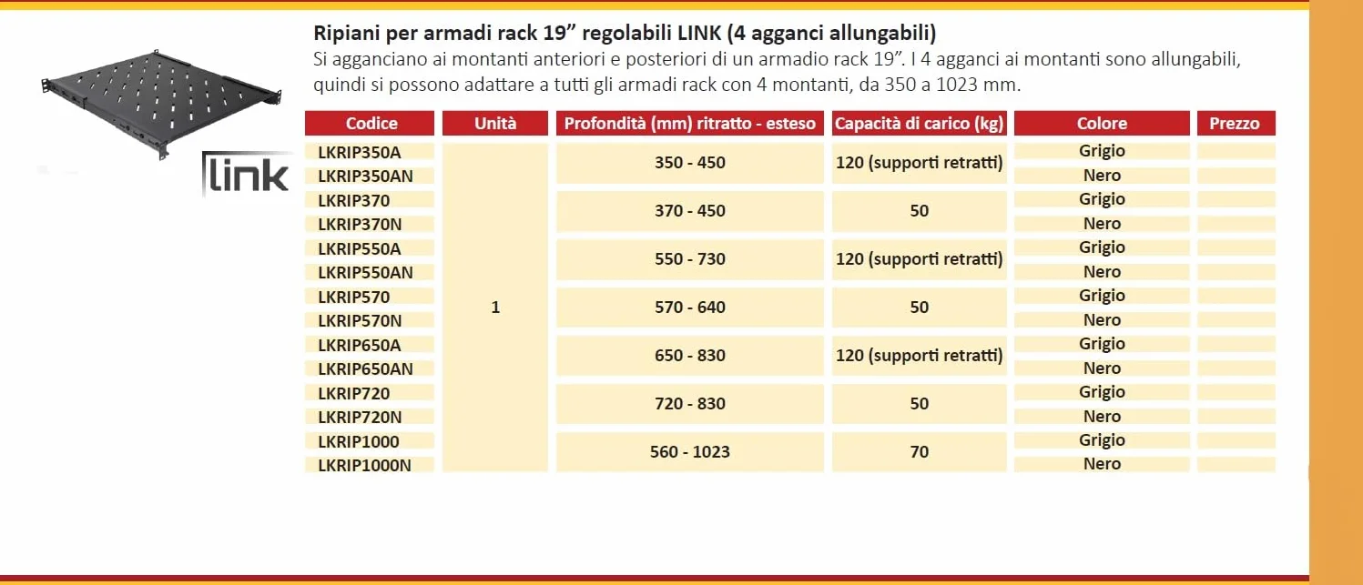 Link LKRIP350AN Étagère pour Armoire Rack 19" Extensible 350 mm avec 4 Crochets Noir