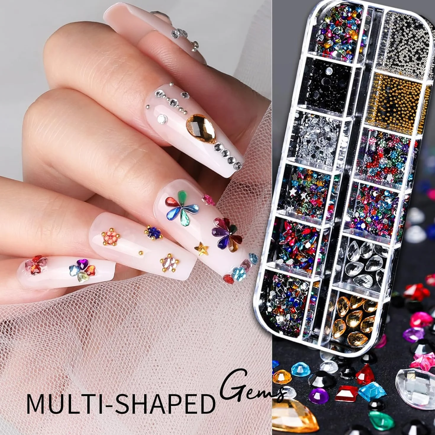 Lot de 6 boîtes de breloques pour ongles 3D - Or et argent - Étoile - Décoration d'ongles - Alliage