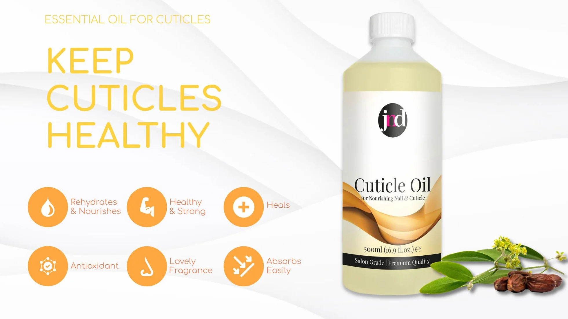 Huile pour cuticules JND avec Jojoba – Conditionneur pour ongles et cuticules – 500 ml