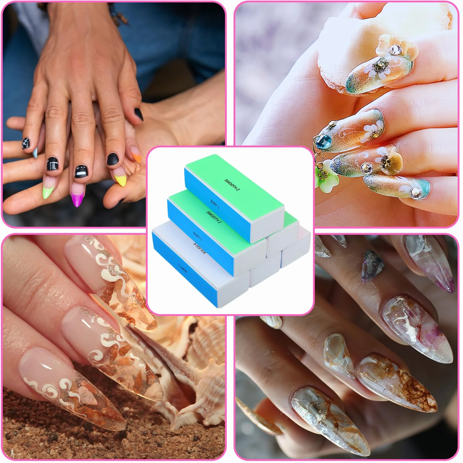 Lot de 6 polissoirs à ongles multicolores, bloc lime 4 surfaces pour limer polir lisser ongles