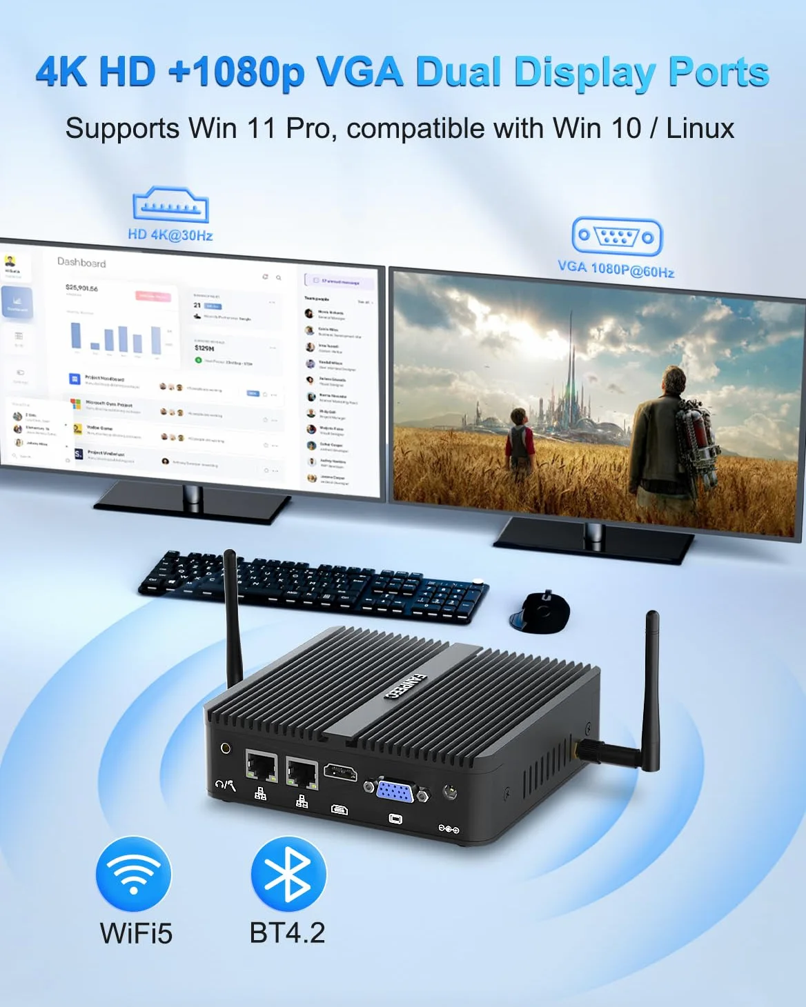 FANPEEC Mini PC sans Ventilateur J5005 8Go DDR4 128Go MSATA SSD | PC Industriel Win11 Pro, 4K HD+1080p VGA, 2xLAN, 4xUSB, WiFi5 BT4.2, Fanless PC Pour Serveur Professionnel/Domestique