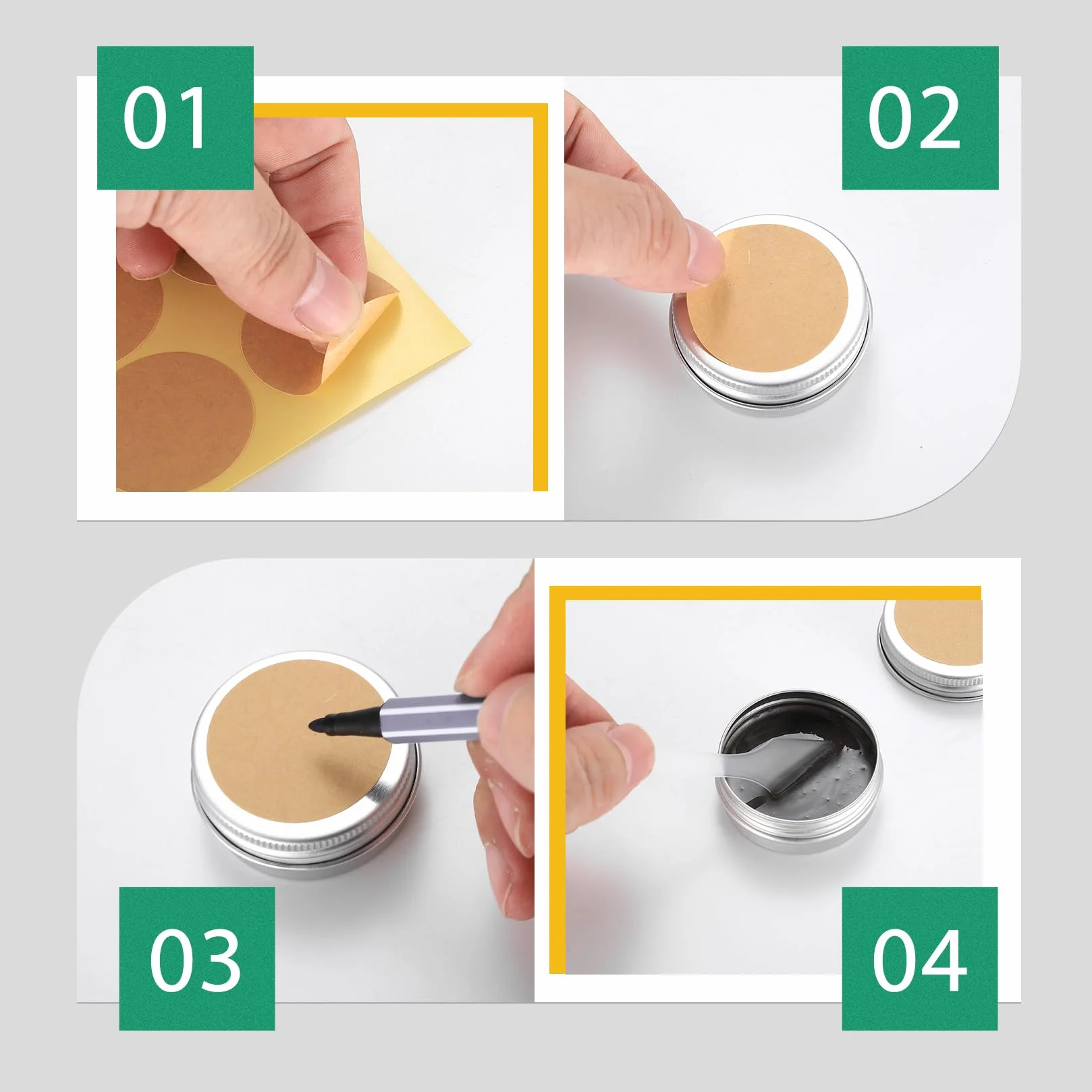 Pots en Aluminium 15ml Vide avec Étiquettes et Grattoirs - Boîte Métallique Ronde pour Cosmétiques
