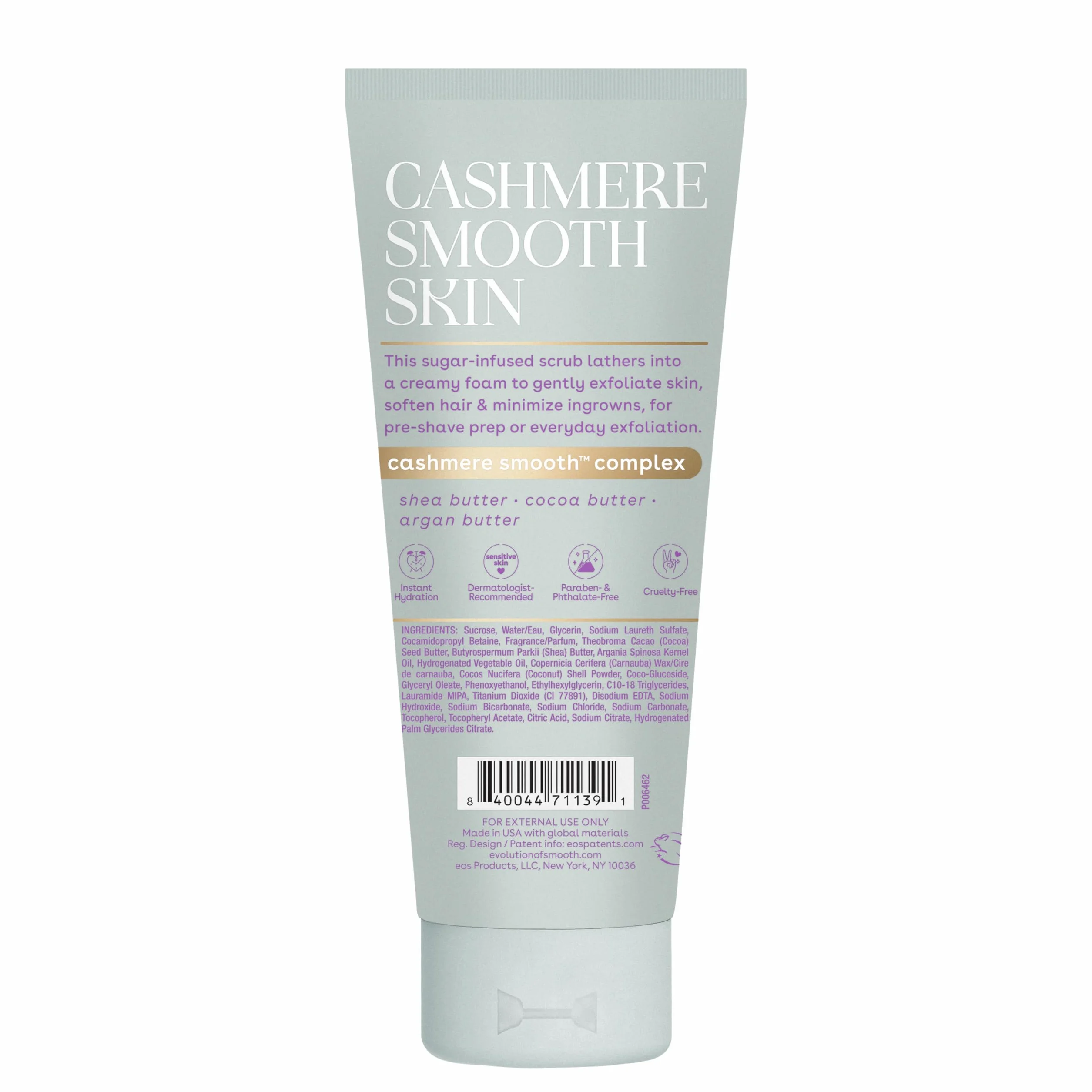 Eos Cashmere Skin Collection Gommage pré-rasage Vanille Cashmere exfoliant corps hydratant sucre karité 207 ml