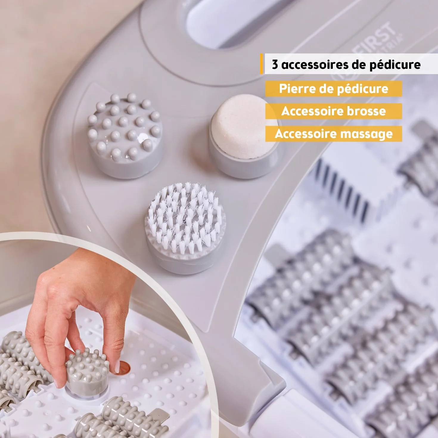 TZS First Austria Bain de Pieds 500W - Appareil de Massage des Pieds avec 3 Accessoires & 8 Rouleaux - Massage par Vibrations & Bulles, Infrarouge & Chauffante - Pliable jusqu'au 47 - Gris
