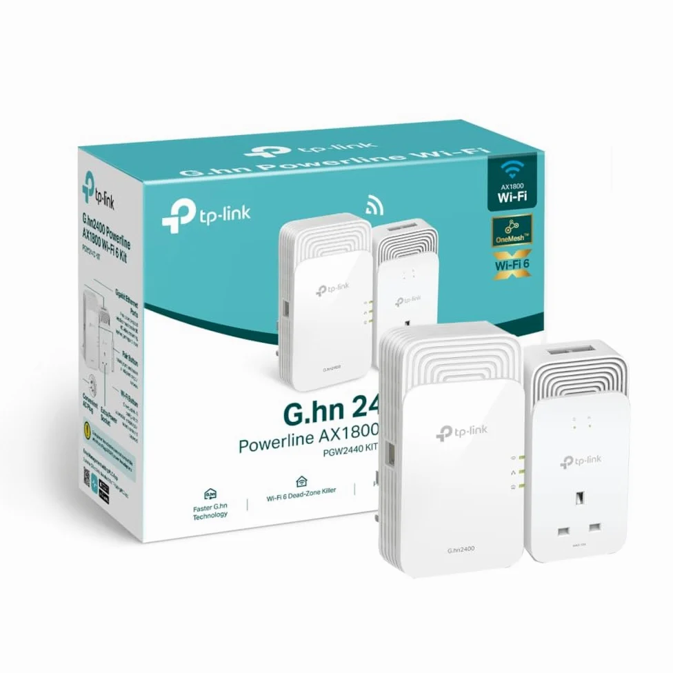 TP-Link Kit PGW2440 Avancé Adaptateur Powerline G.hn 2400 Mbps Boosteur Internet WiFi 6 1800 Mbps, Alimentation Supplémentaire, 2+1 Ports Gigabit Ethernet, Streaming et Jeux 8K