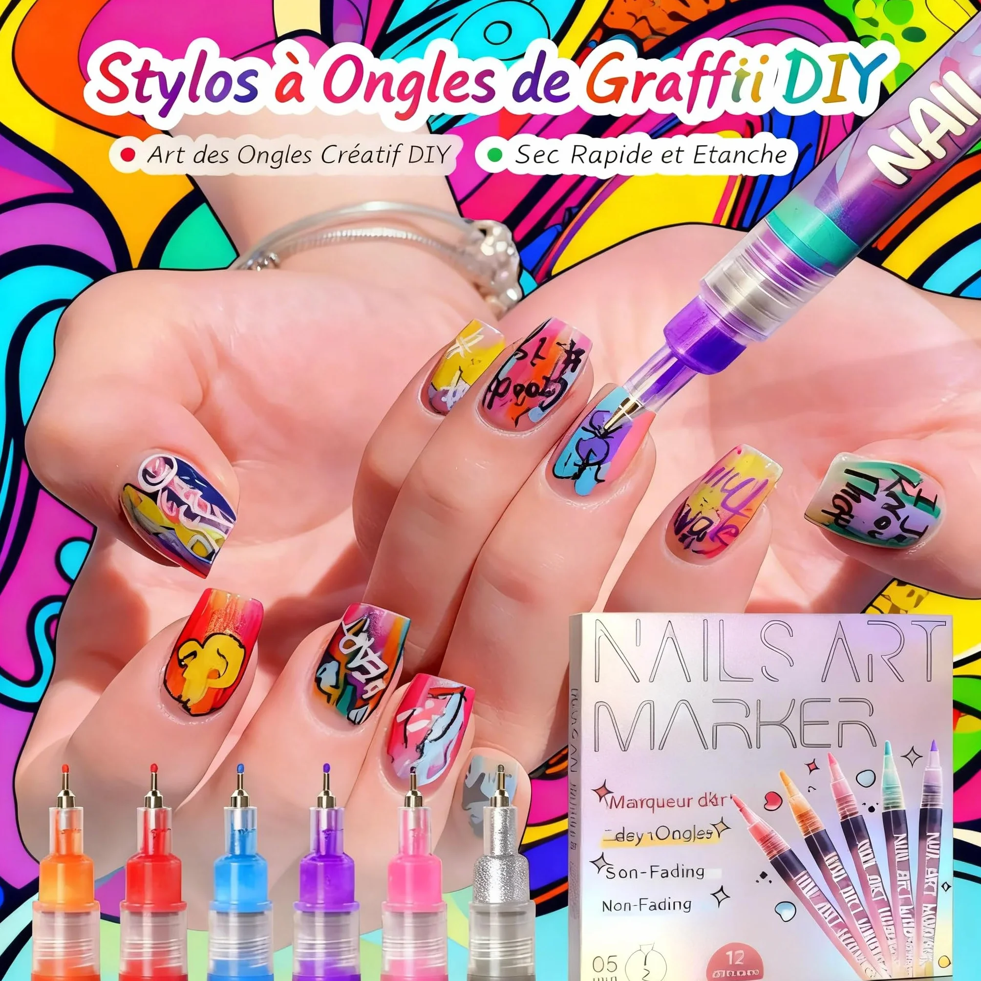 Kit de 12 Feutres Vernis à Ongles Stylo 3D Nail Art Professionnel Pointe Métallique Fine 0.5mm