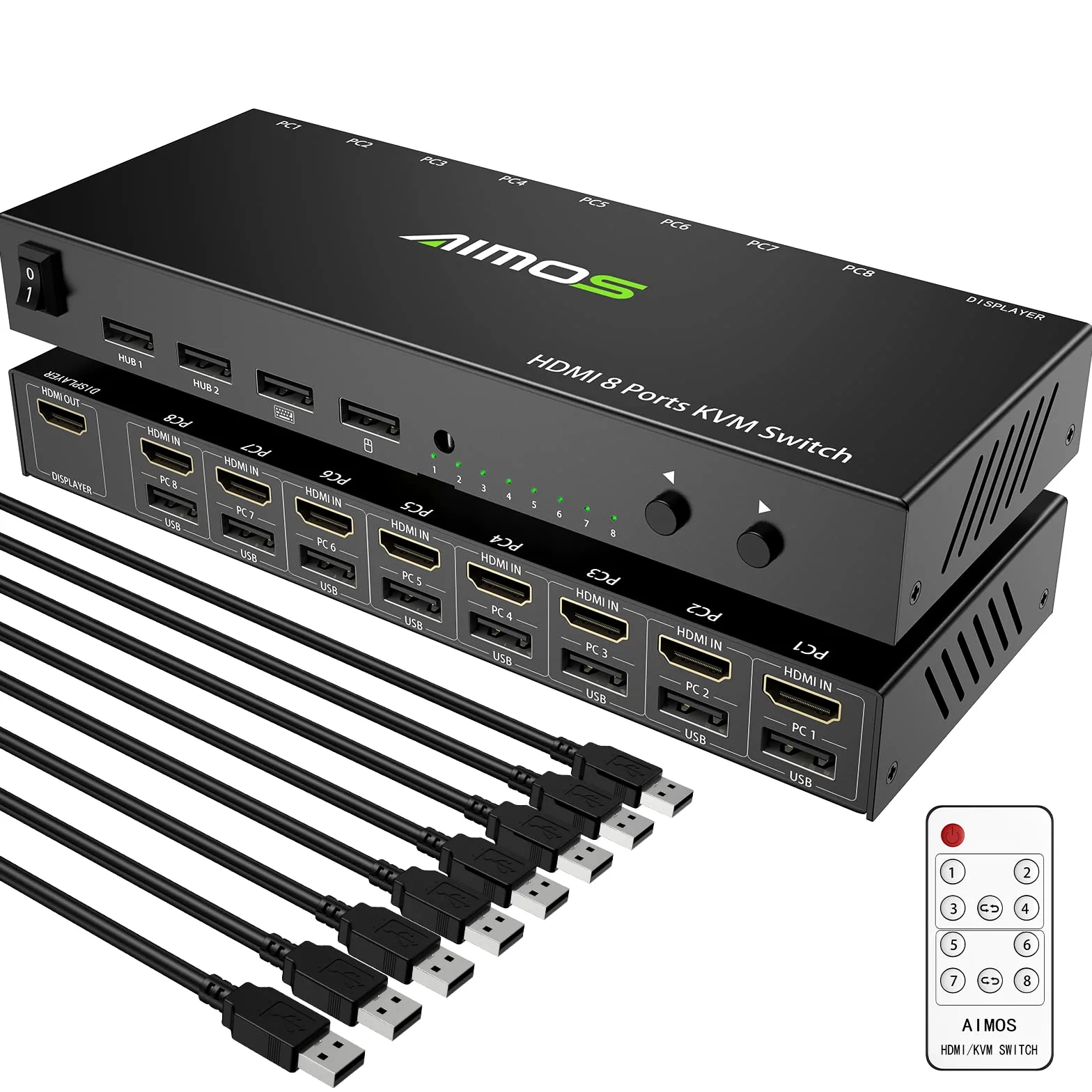AIMOS KVM Switch HDMI, USB Commutateur 8 Port avec 4K@30Hz Ultra HD 1080P 3D avec Windows 2000/XP/Vista Linux et Mac pour PC Surveiller Clavier Souris