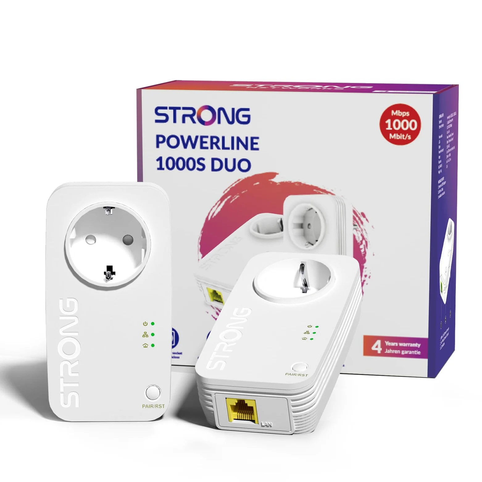Strong AV1000Mbps Kit Powerline avec Pass-Through, Prise intégrée, répéteur Powerline Ethernet HomePlug AV2, Ports Gigabit, Plug & Play, Compatible avec routeur, Mode économie d'énergie (PL1000S)