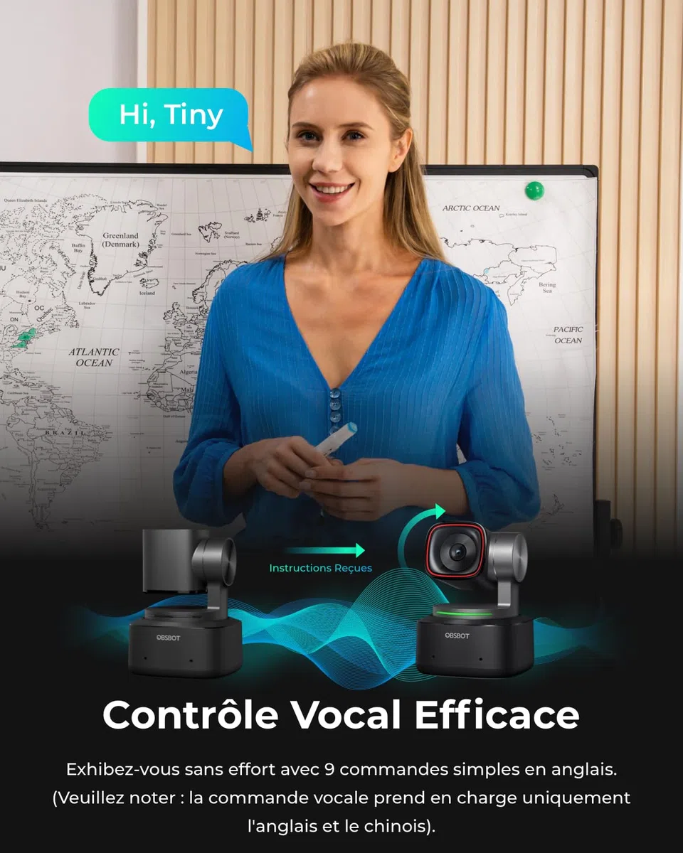 OBSBOT Tiny 2 Webcam 4K Commande Vocale PTZ, Suivi IA Multi-Mode, Autofocus