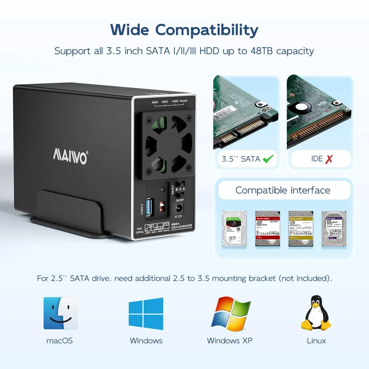 MAIWO Boîtier Raid à Double Baie avec Ventilateur de Refroidissement pour SSD SATA 2,5/3,5", boîtier USB 3.0 5 Gbit/s, capacité de 48 to, Raid 0/1/JBOD/PM, boîtier en Aluminium