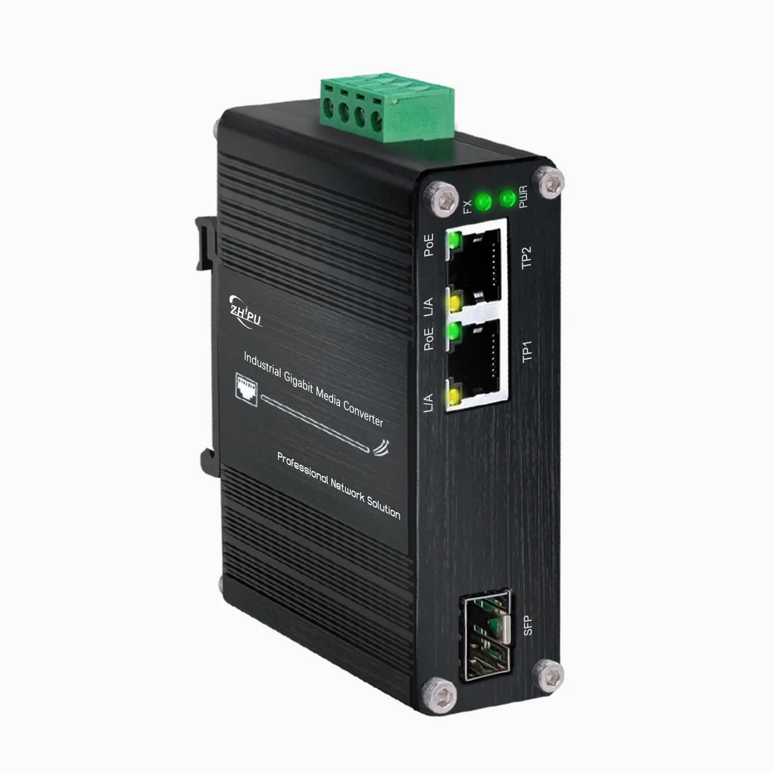 Mini convertisseur de média à fibre Gigabit industriel à 2 ports prenant en charge l'installation sur rail DIN, commutateur à fibre IEEE 802.3af/at 30 W PoE+ avec 2 ports RJ45 et 1 port SFP, entrée