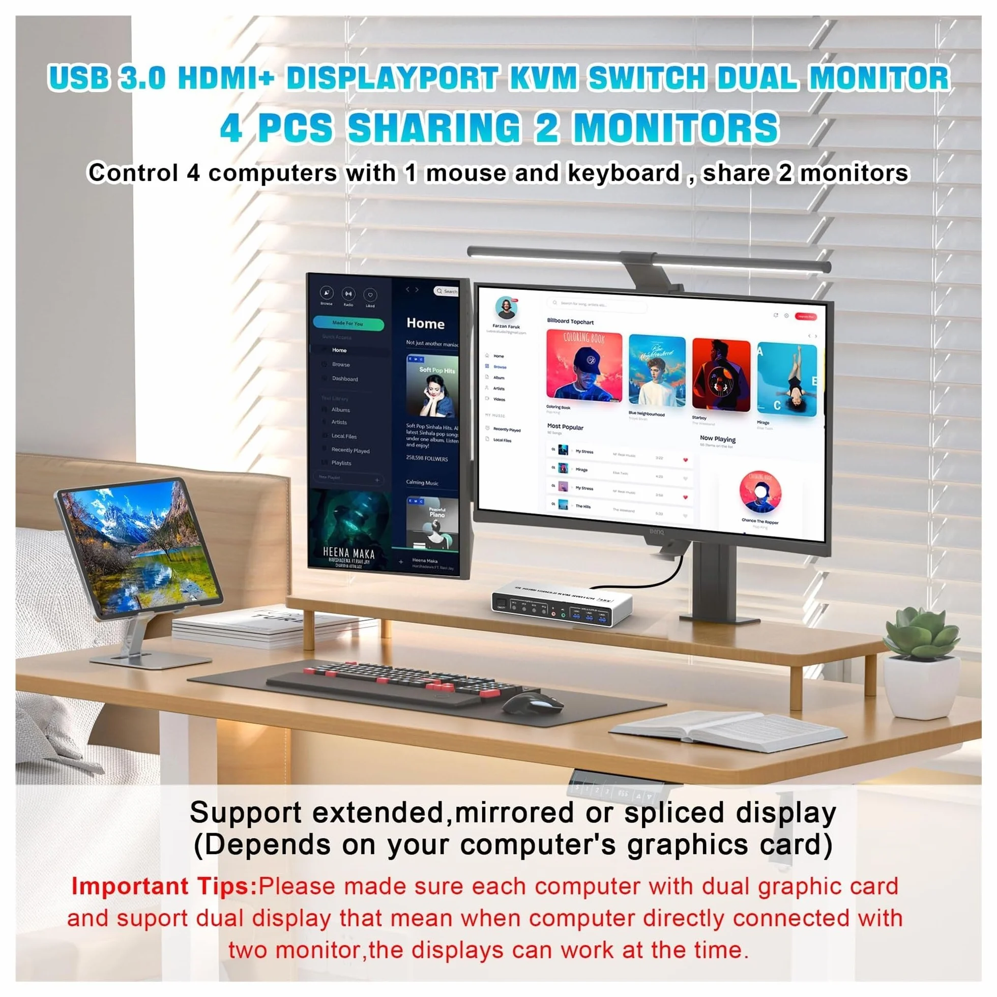 4K @ 60Hz USB 3.0 Displayport + KVM Switch 2 moniteurs 4 Ordinateurs, Ports Double Moniteur + DP commutateur de for PC pour Le Streaming de Jeux et l'enregistrement Multi-Sources