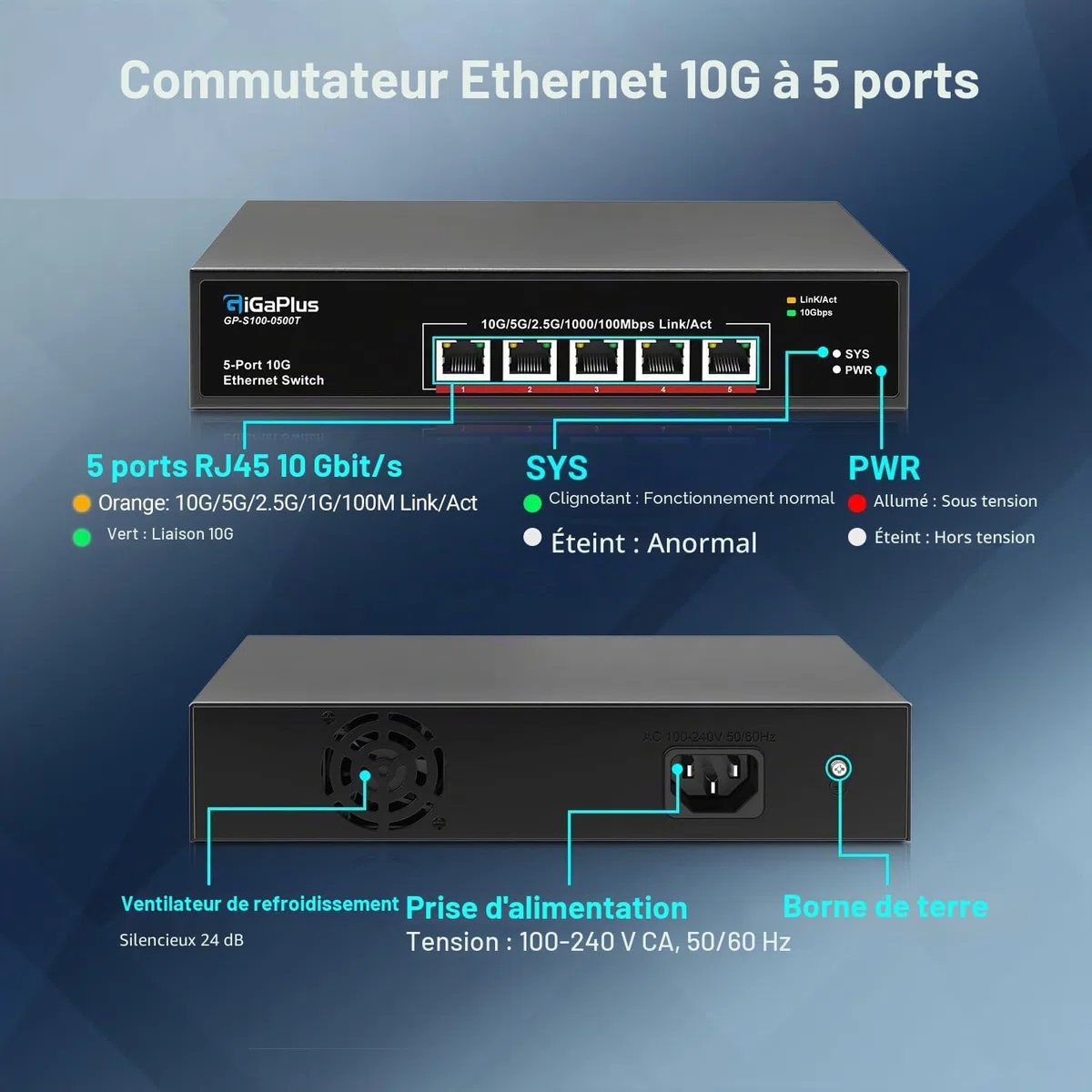 5-Port 10Gb Ethernet Switch Unmanaged with 5x10G RJ45 Ports, GiGaPlus 10Gbe Network Switch Easy for 10G NAS, PC, WiFi7 Routers, 10G NIC/Adapters. 100Gbps Switching Capacity. Desktop/19-inch Rack