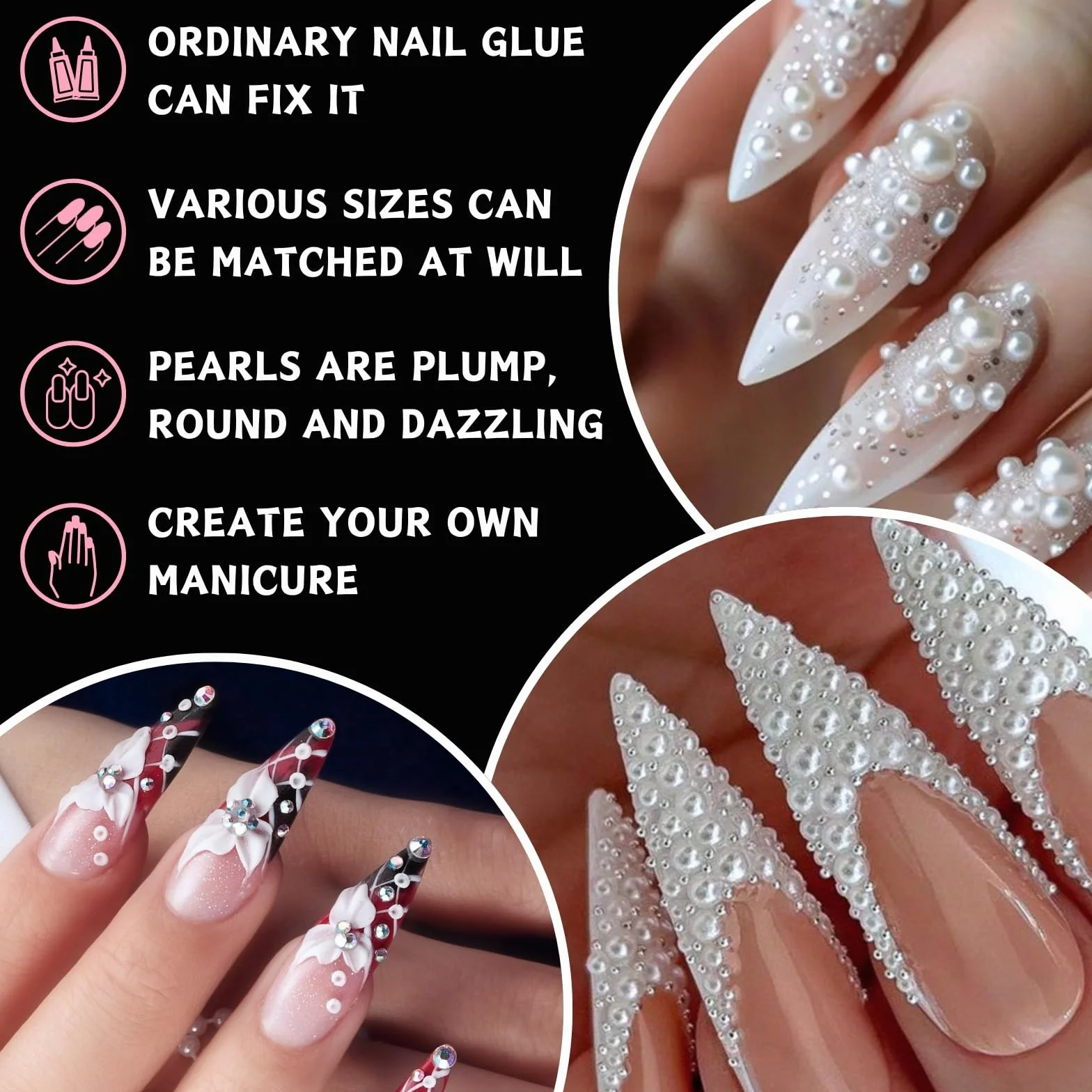 Perles Nail Art 12 Tailles, Perles Plates Demi-Rondes 2 Boîtes, Deco Ongle DIY
