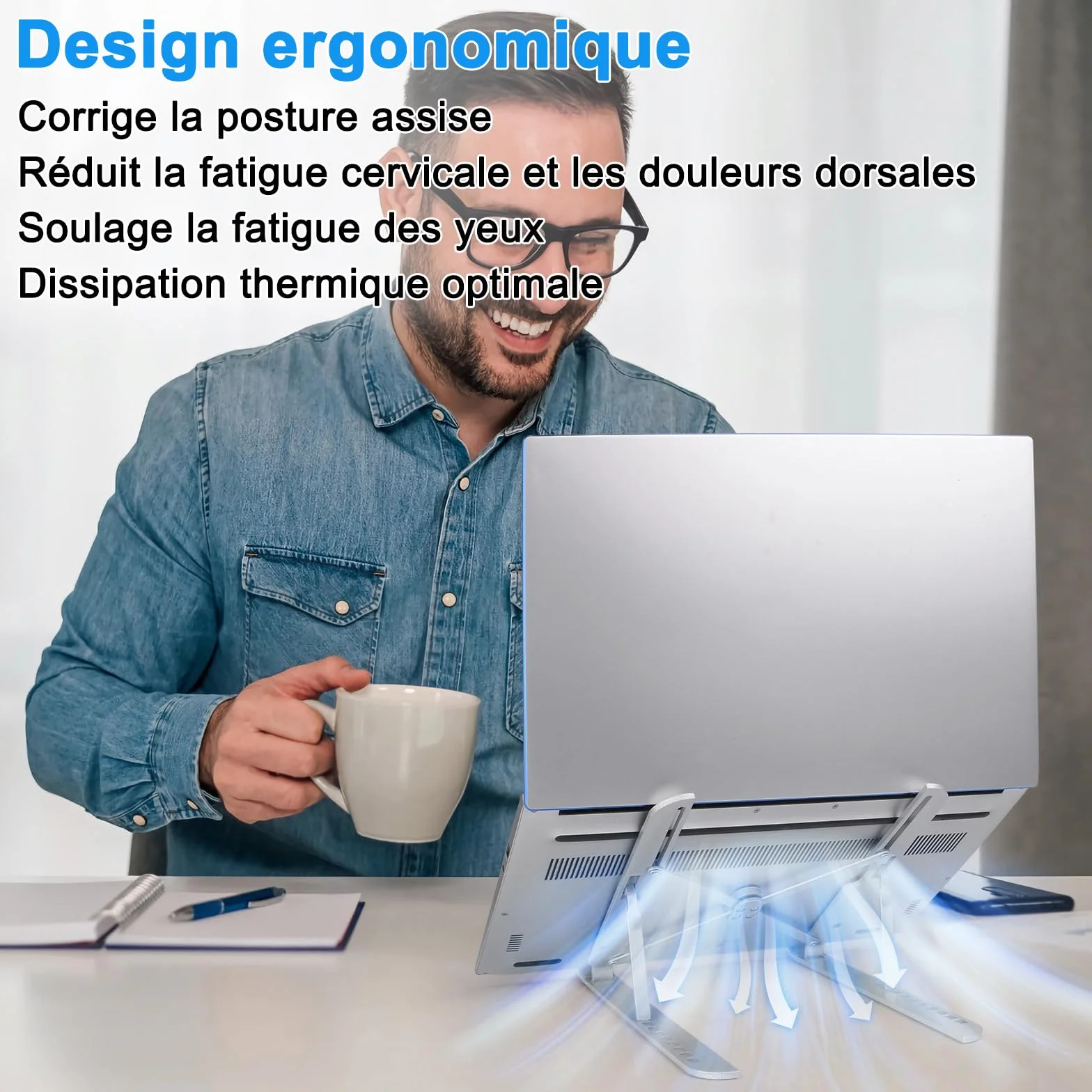 Support Ordinateur Portable 10 Niveaux Réglables, Rehausseur Pliable pour Bureau, Laptop Stand Silicone Antidérapant PC