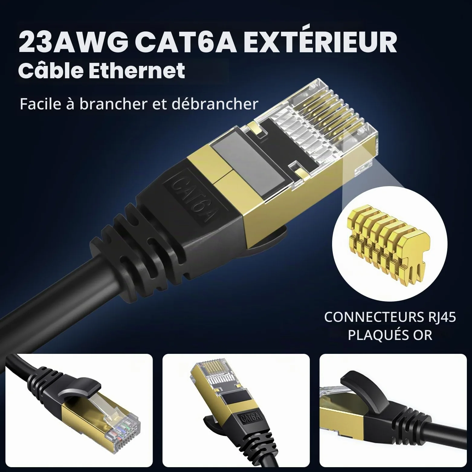 Cable Ethernet Extérieur Cat 6A 100m 23 AWG LLDPE 10 Gbps 550MHz, Résistant UV/Intempéries, Enfouissement Direct, Câble RJ45 Réseau Internet Gigabit Haute Vitesse UTP CCA, 80 Attaches Noires